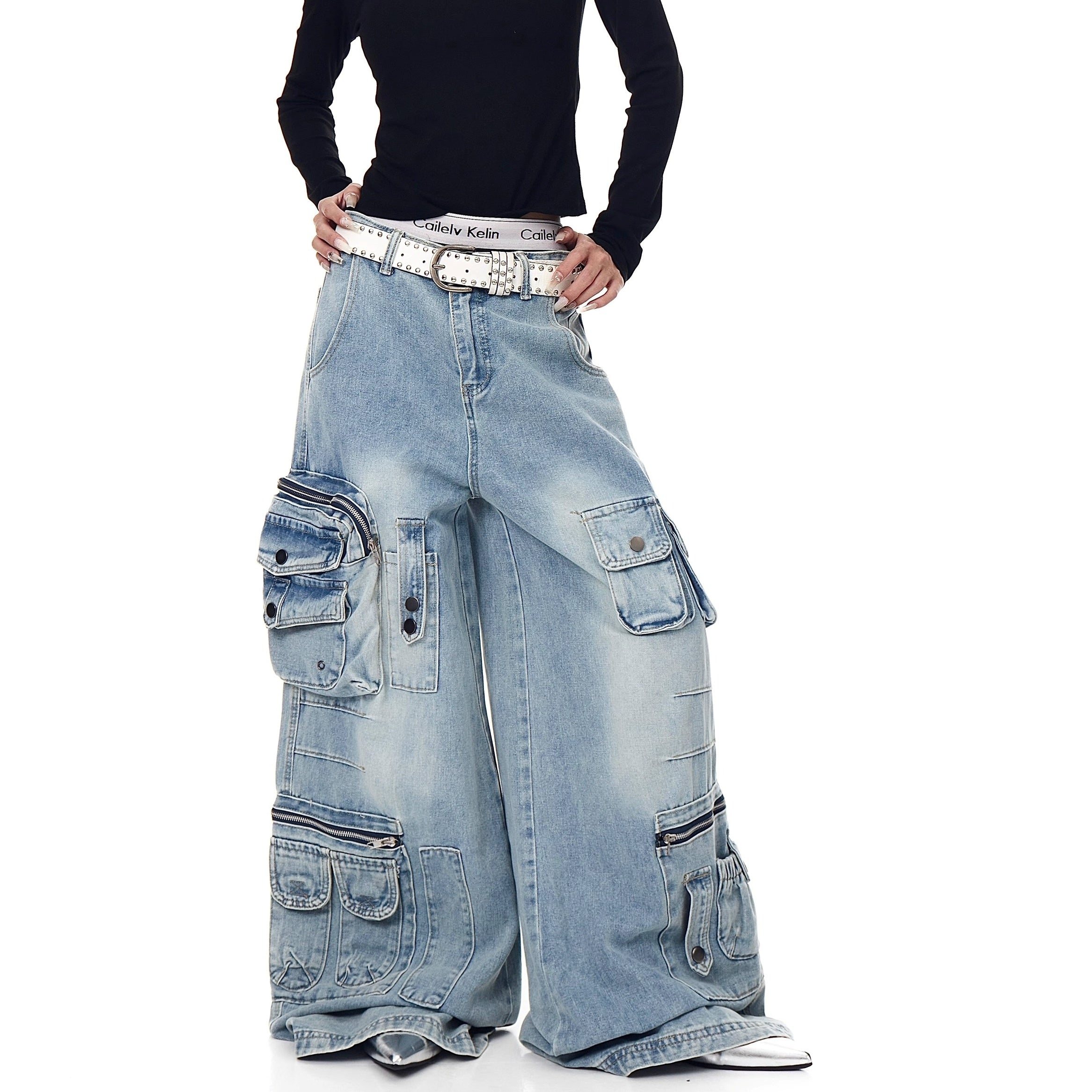 Washed Wide Buggy Cargo Jeans BK7028