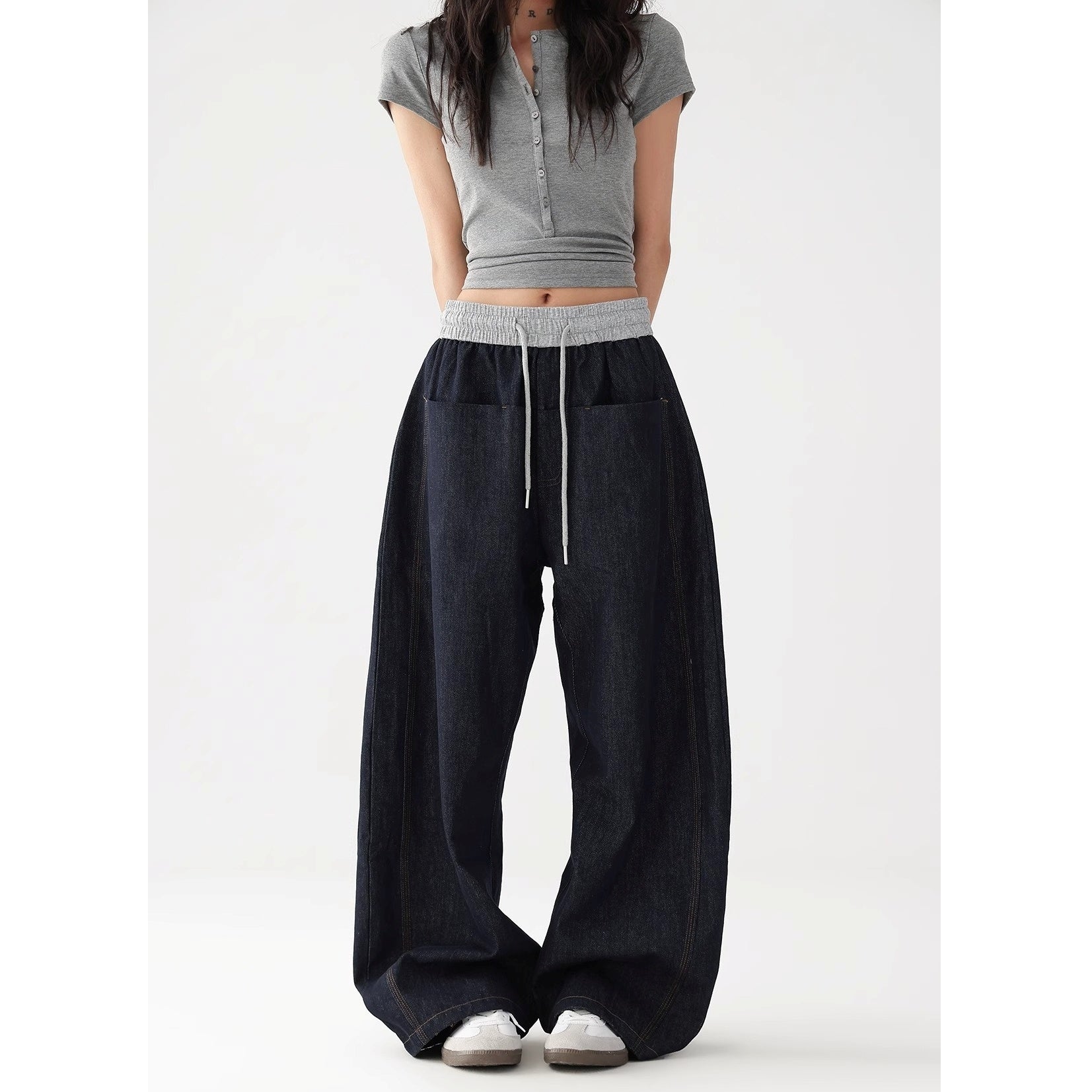 Panelled Elasticated Waistband Loose Curve Jeans AC7121