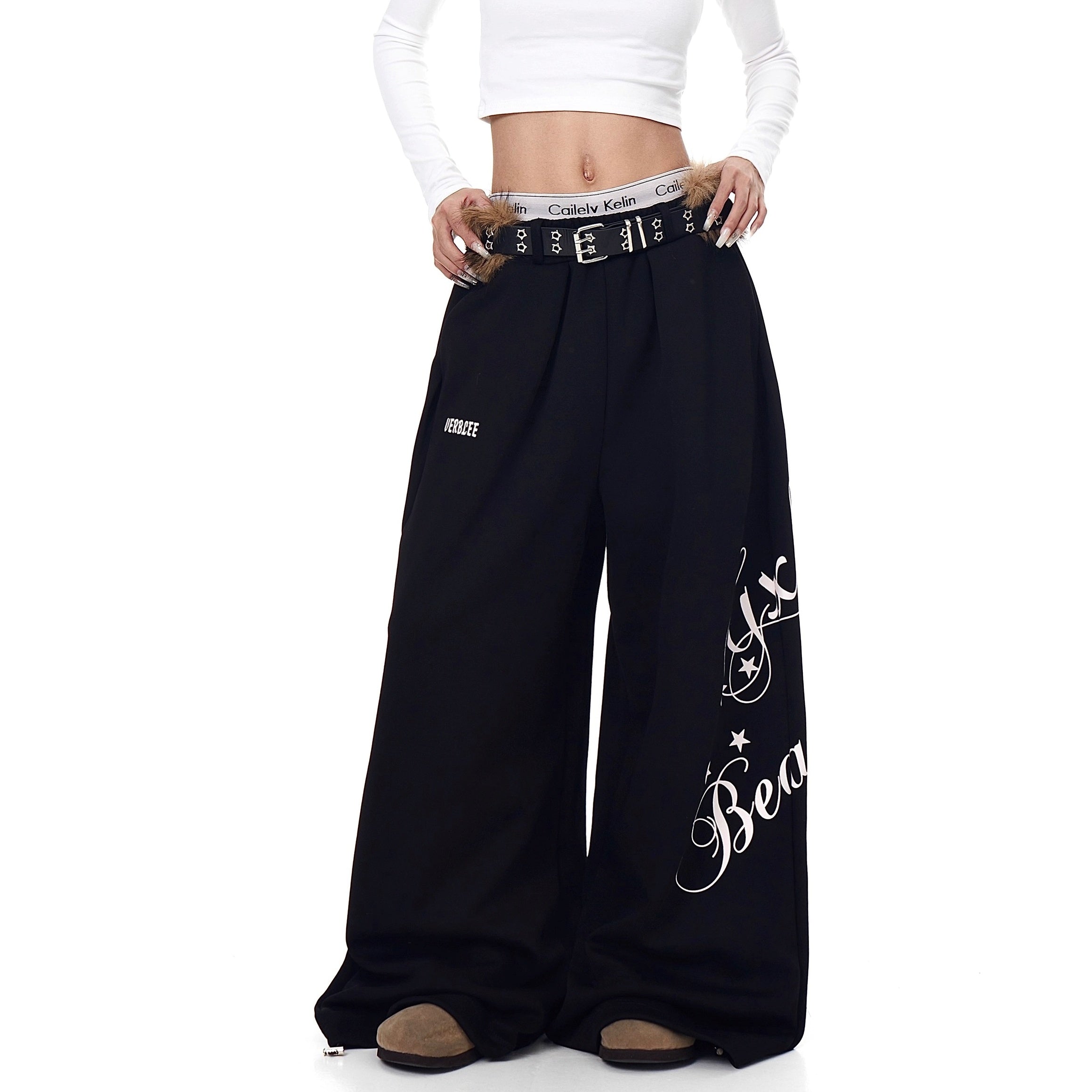 Letter Print Wide Sweat Pants With Fur Belt BK7026