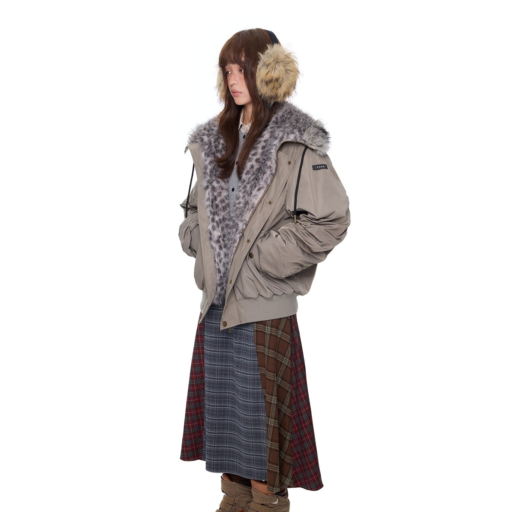 Leopard Liner Fur Short Hooded Jacket EZ273