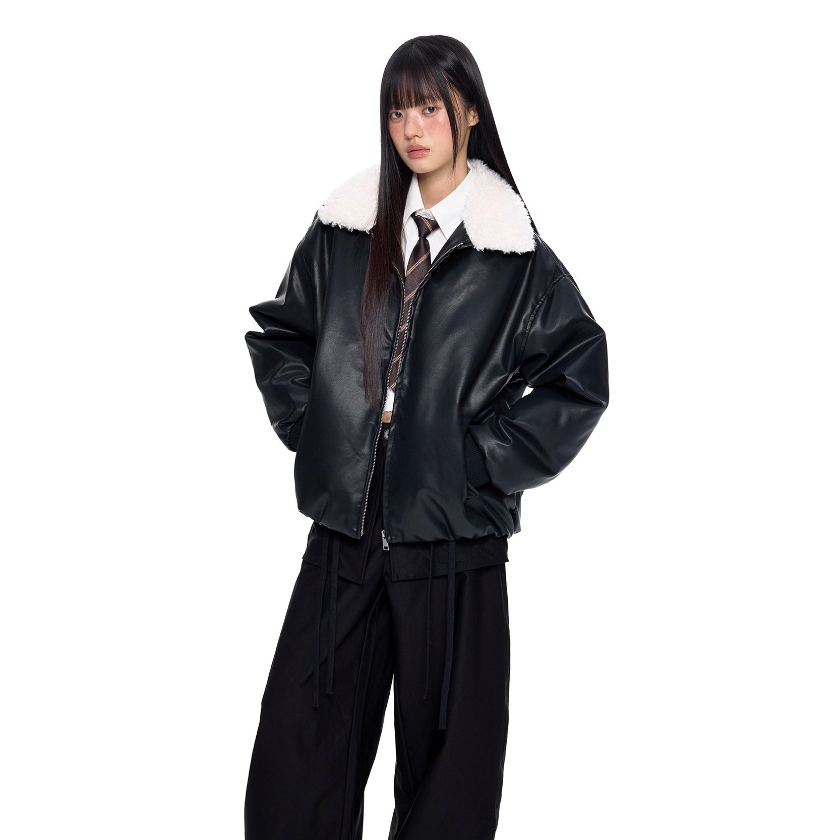 Contrast Lapel PU Leather Jacket EZ255