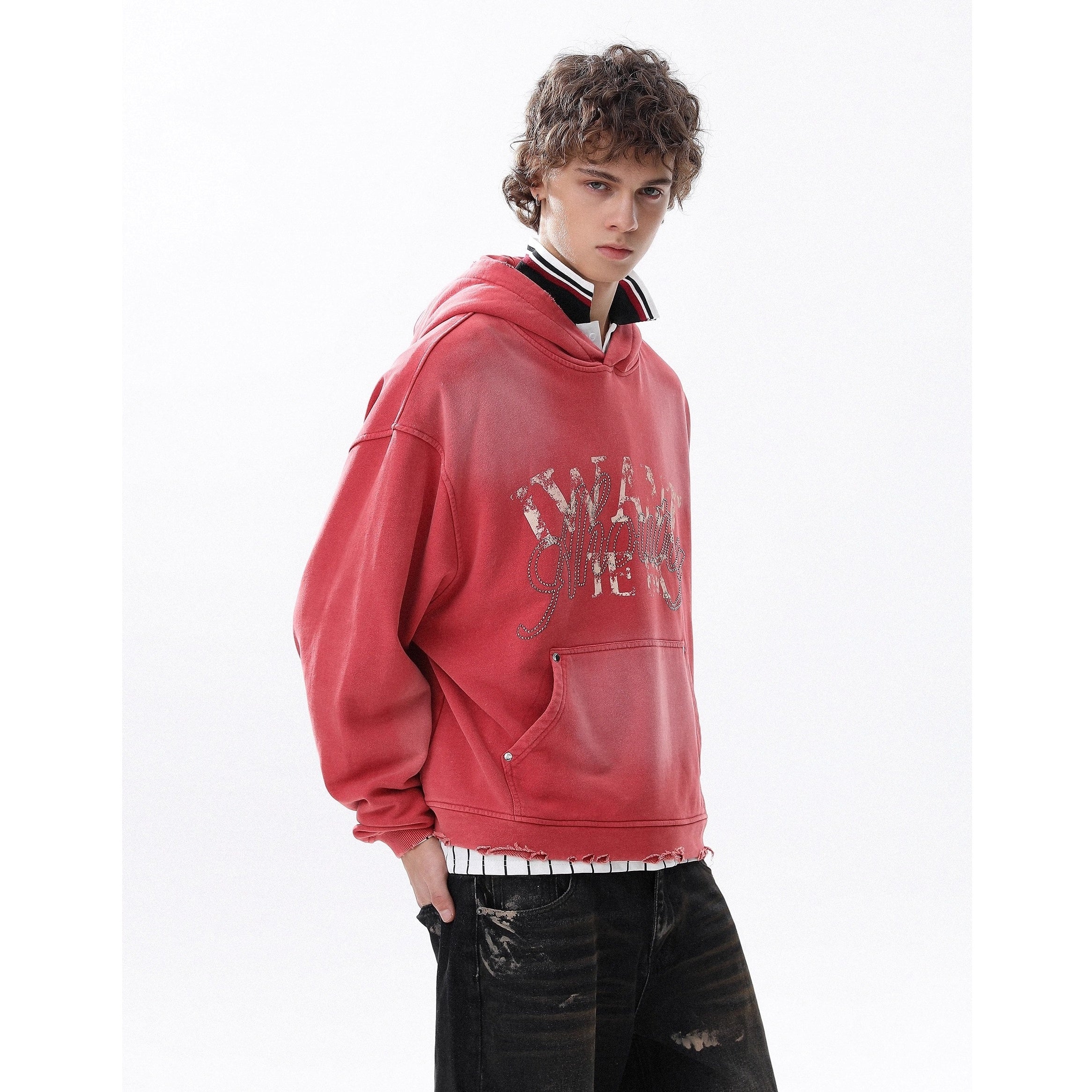 RhineStone Letter Print Damage Hoodie MR8025