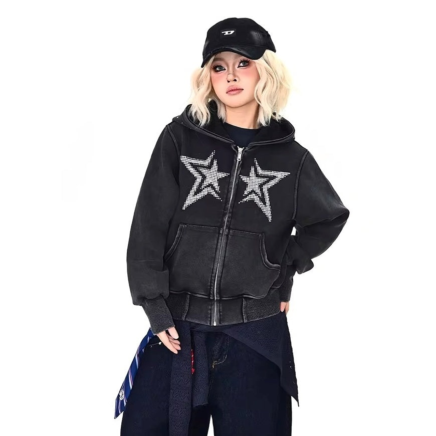 Rhinestone Star Decoration Hooded Parka MW10387