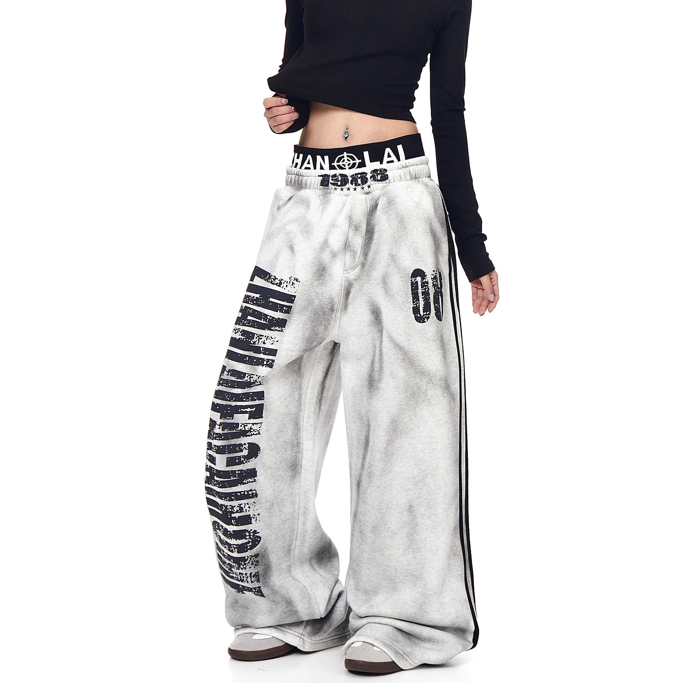 Dirty Distressed Printed Double Waist Sweat Pants BK7041