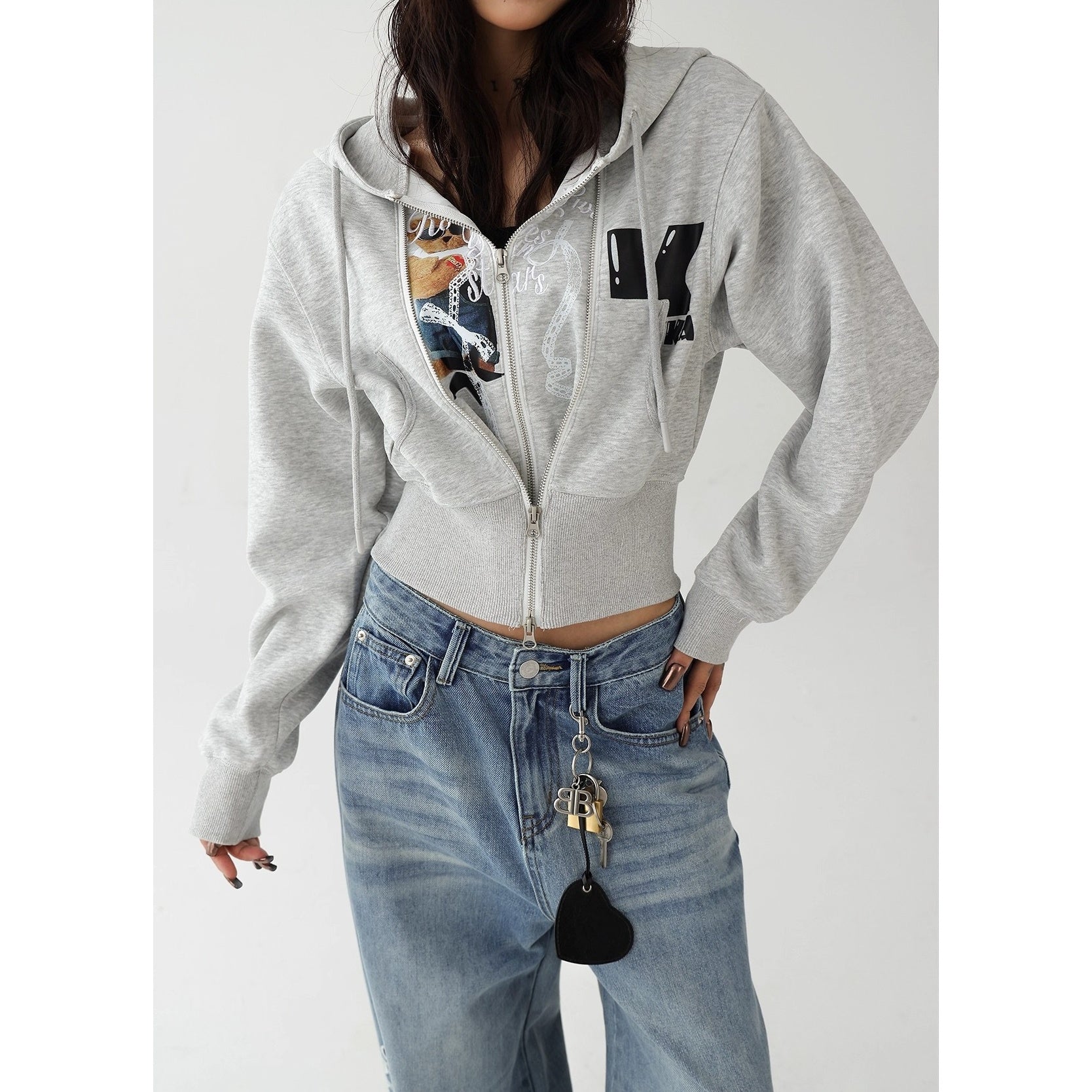 Fake Layered Bear Letter Embroidery Hooded Jacket AC7135