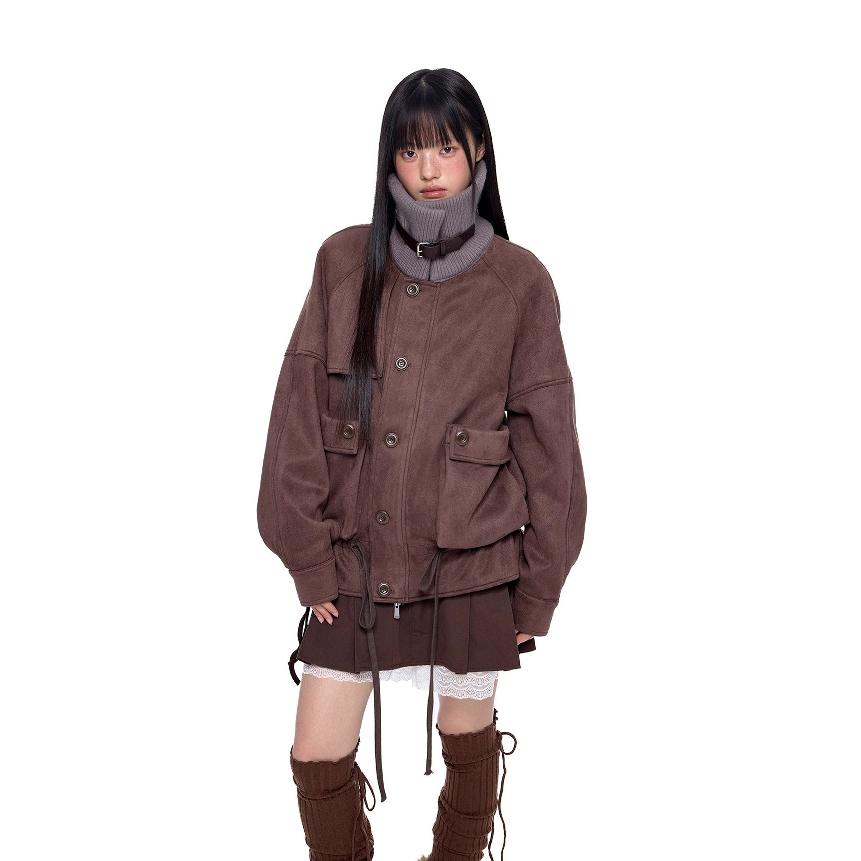 Knitted High Neck Drawstring Faux Suede Jacket EZ252