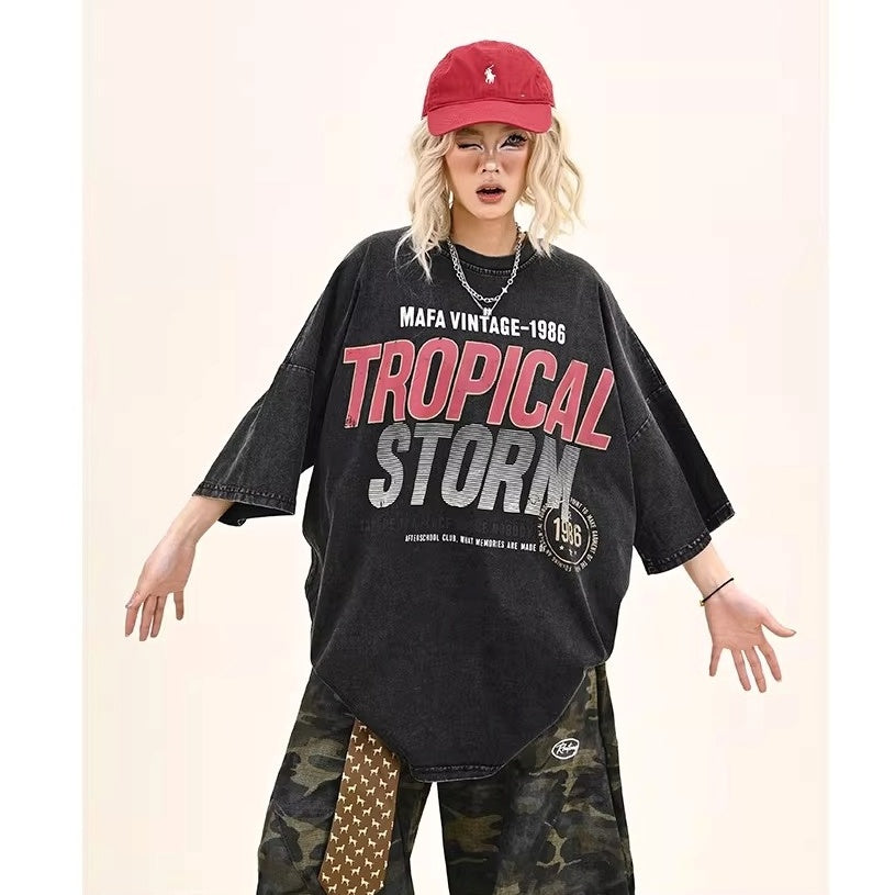 Washed Letter Print Over Size T-shirt MW10372