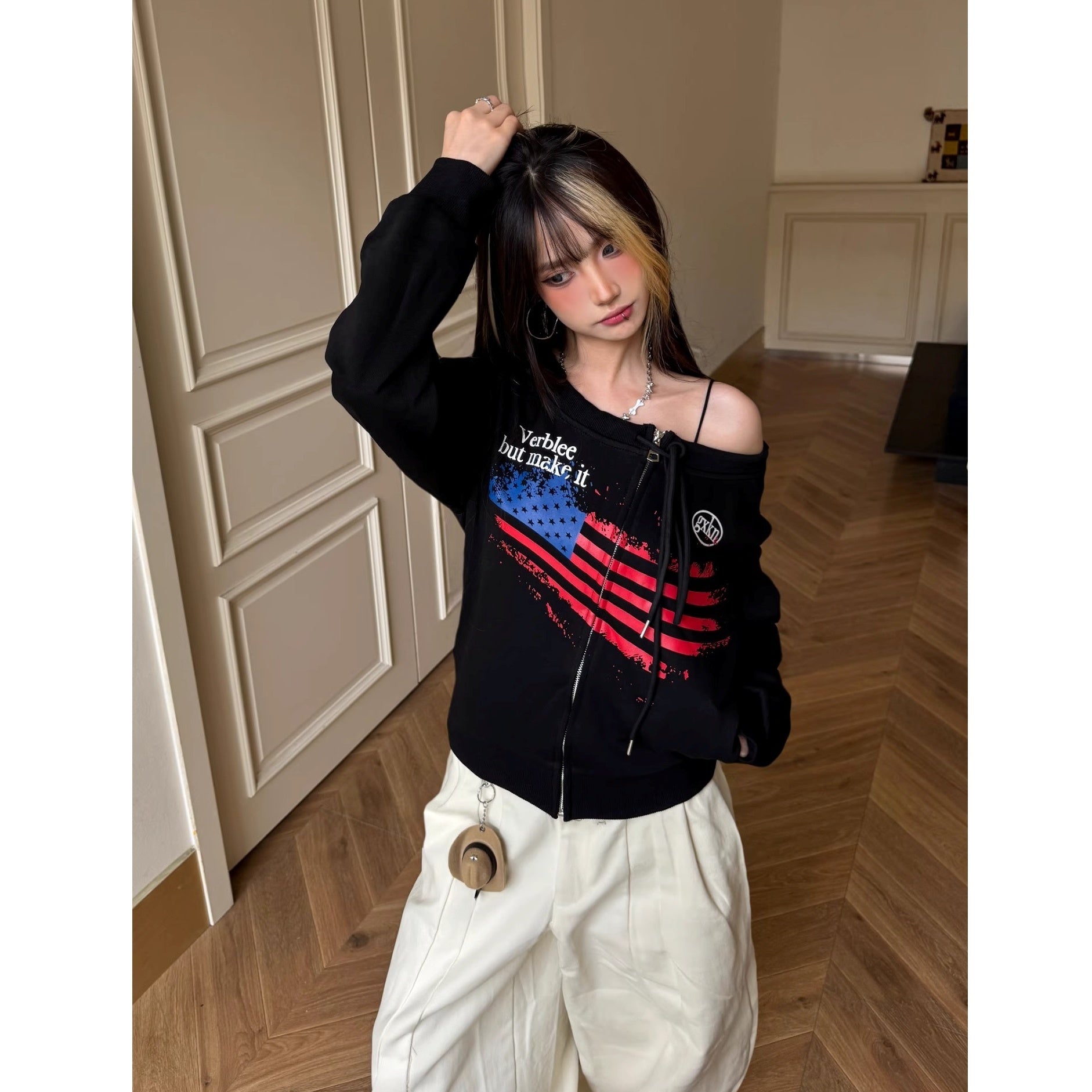 American Letter Print Zipper Sweat Cardigan MW10267