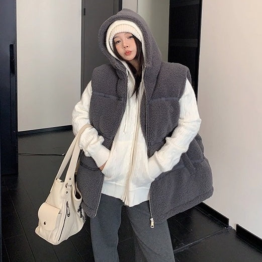 Loose Hooded Boa Padded Vest OS2073