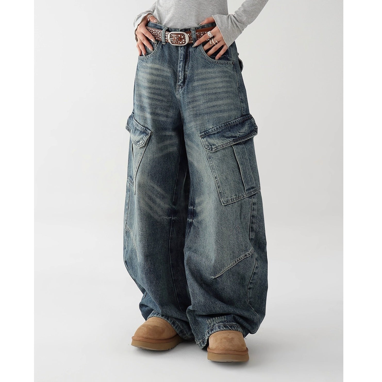 Washed Denim Cargo Curve Pants AC7149