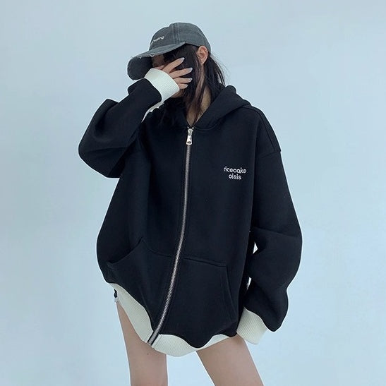 Contrast Embroidery Zip Hooded Jacket OS2043