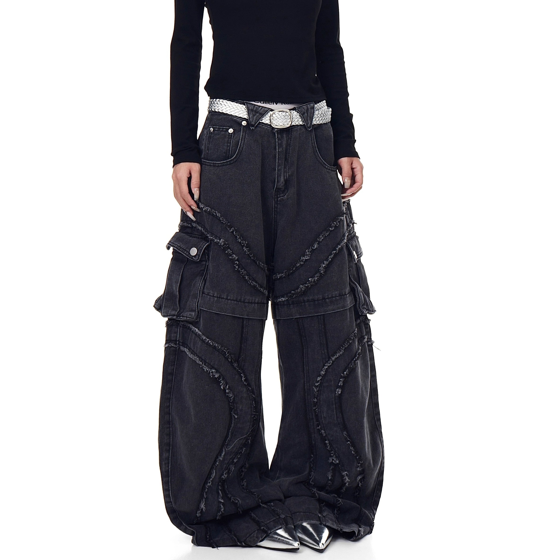 Raw Edge Switching Cargo Curve Jeans BK7027