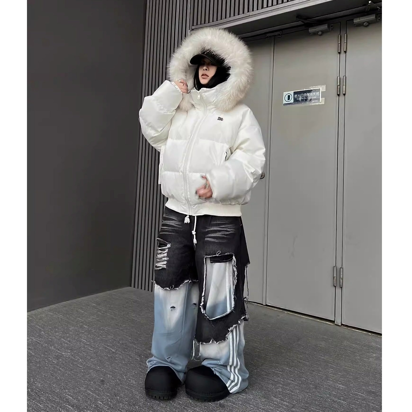 Fake Two Pieces Punk Denim Patchwork Flare Pants MW10338