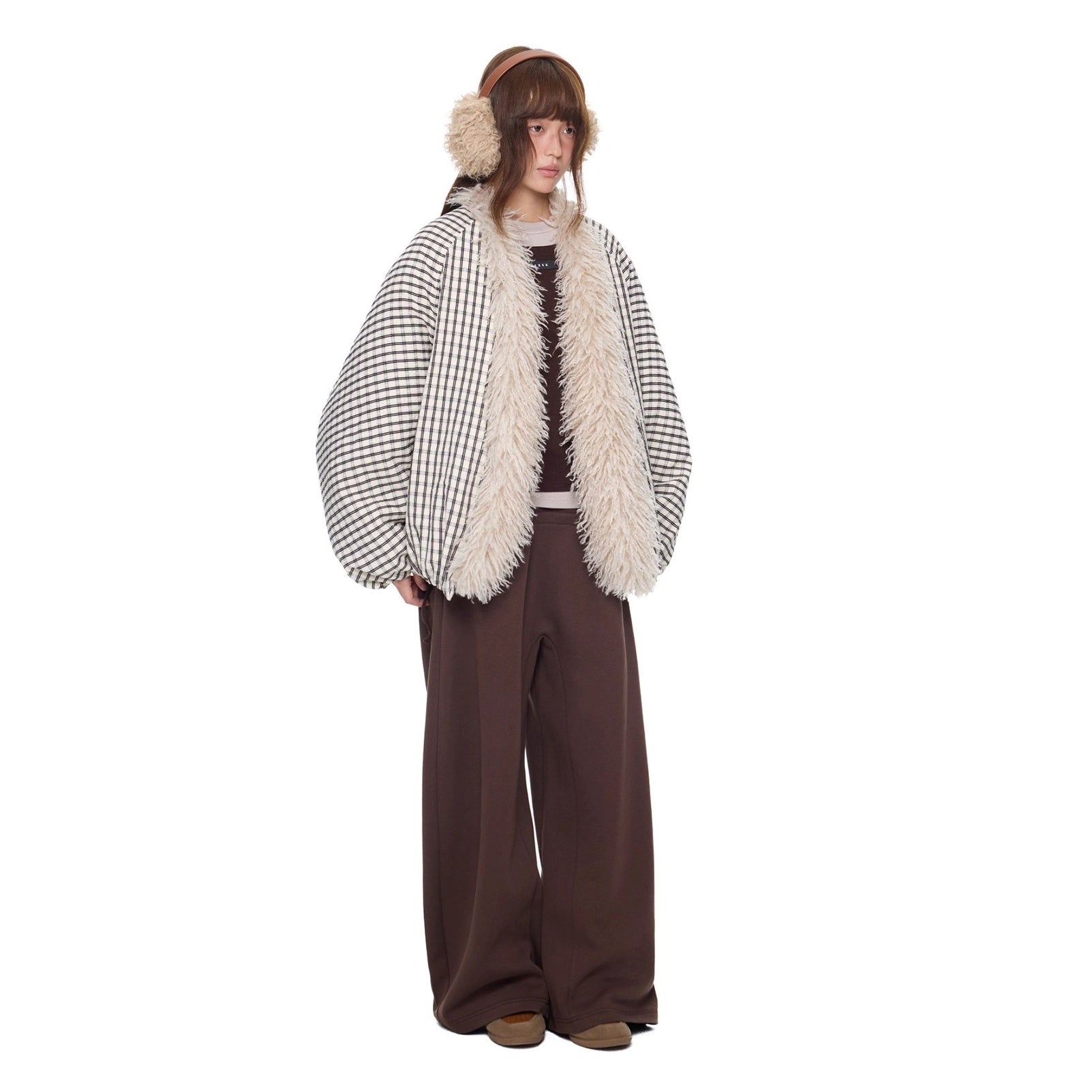 Plaid Fur No-Collar Padded Jacket EZ292