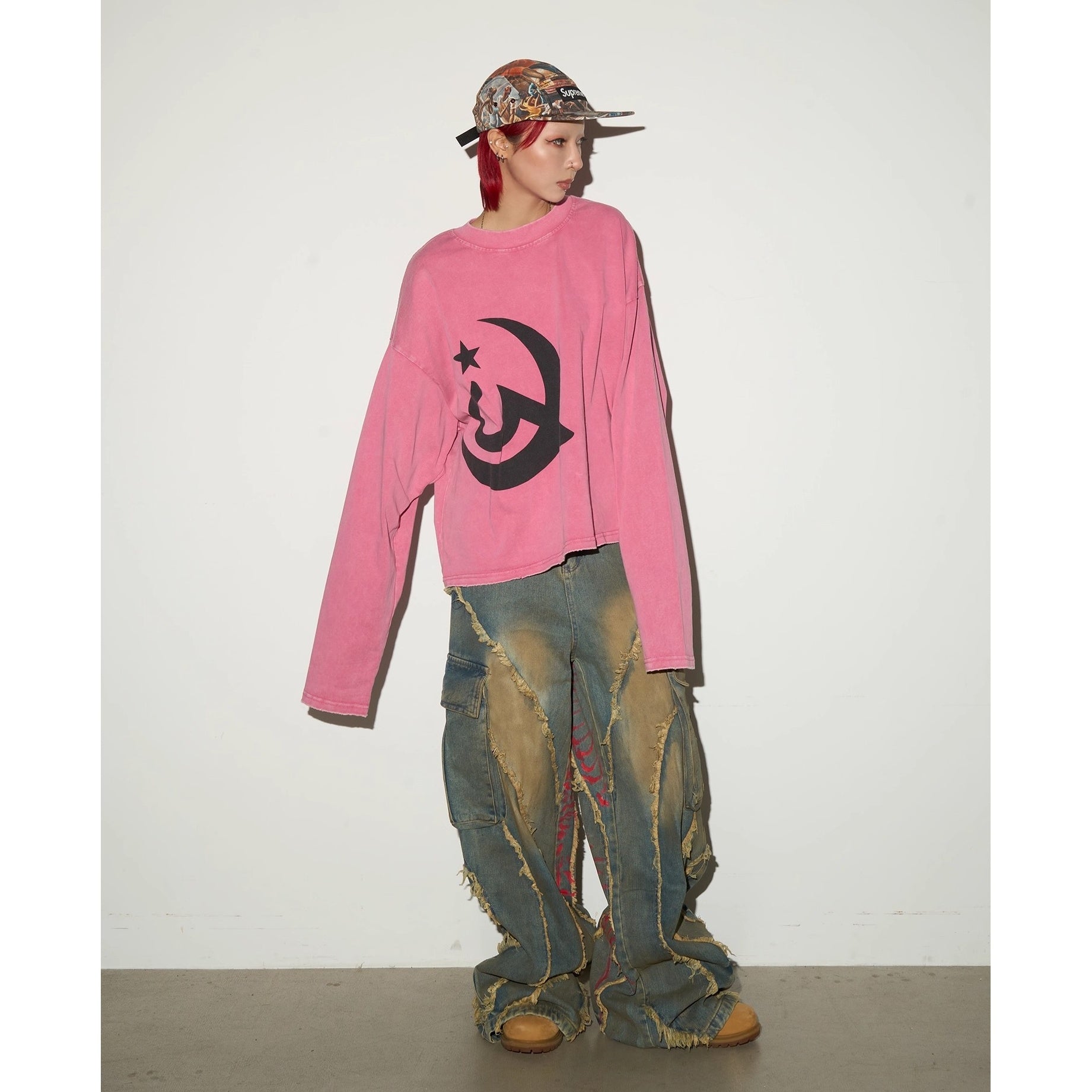 Pigment Print Raw Edge Wide Cargo Jeans MN9047