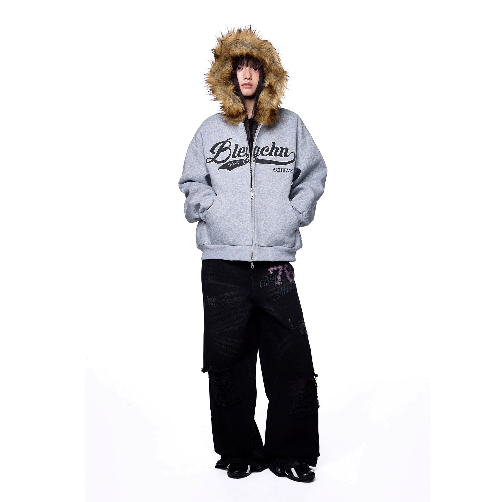 Monogram Embroidered Fur Collar Hooded Sweat Jacket EZ262