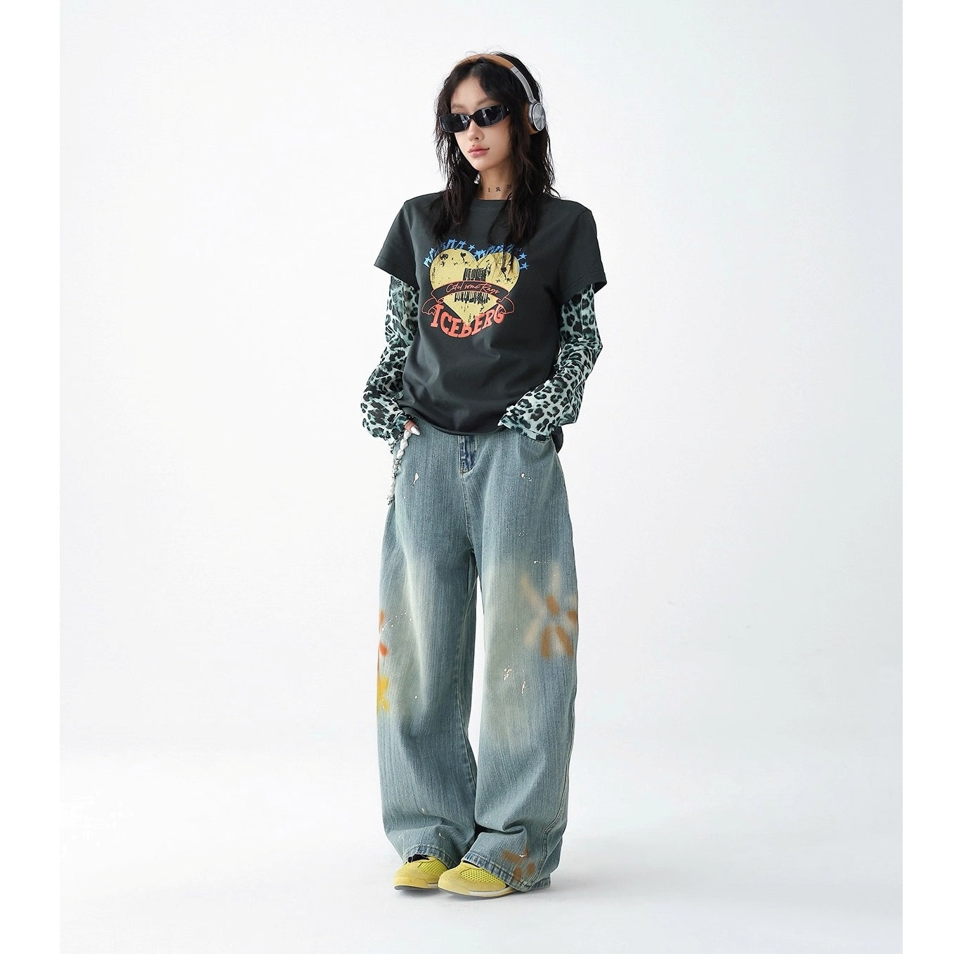 Leopard Print Stitched Fake Layered Long Sleeve T-Shirt AC7140