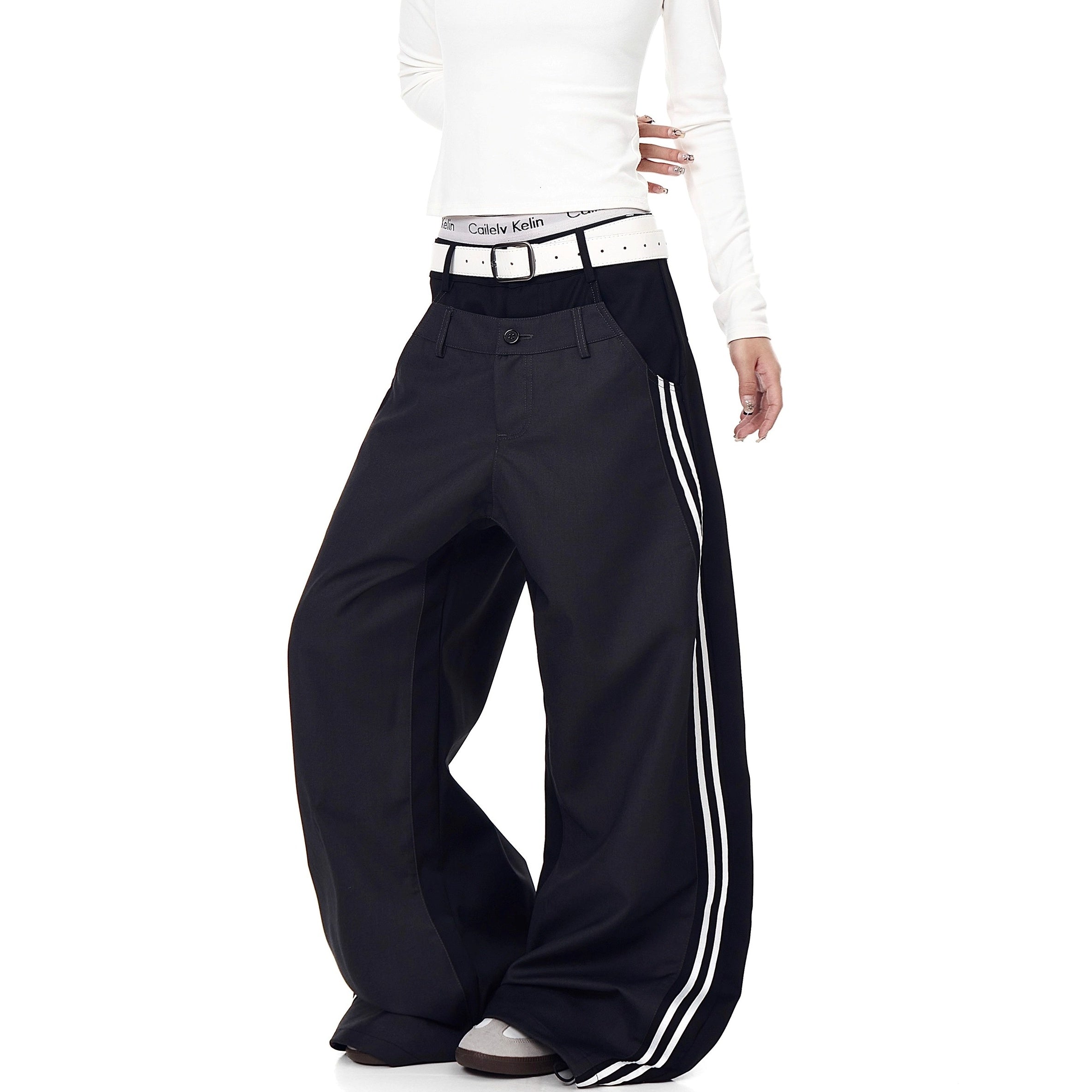Double-Waisted Striped Wide Curve Pants BK7008