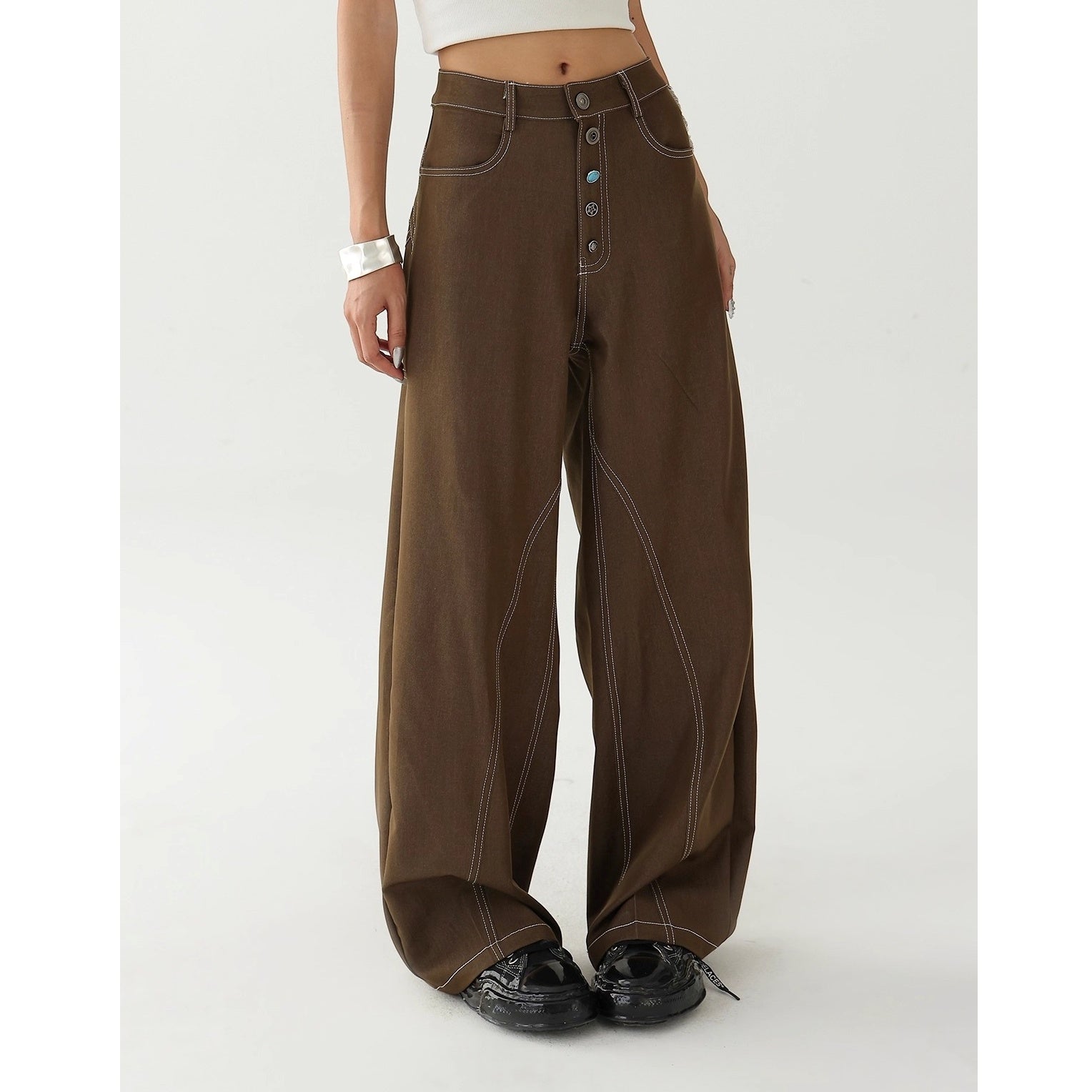 Button  Wide-leg Stitch Pants AC7130
