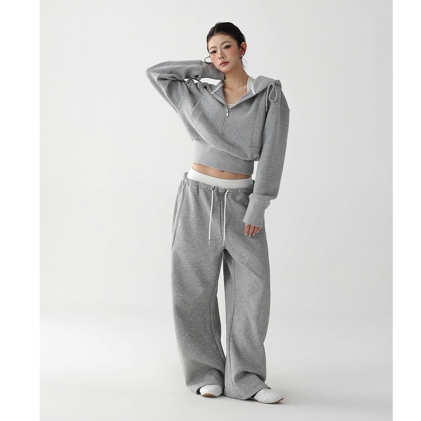 【上下別売り】Half-ZIP Cropped Hoodie & Loose Pants Set-up AC7159