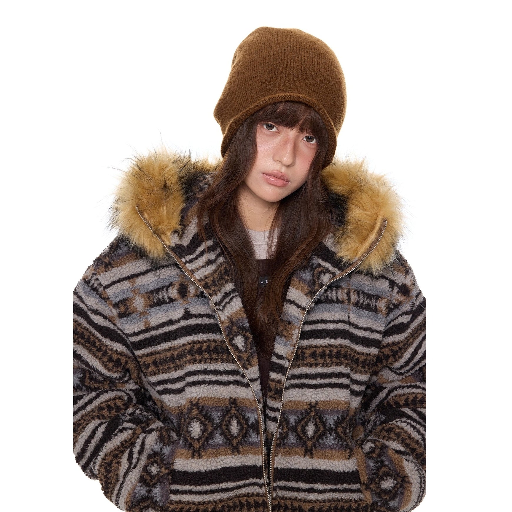 Ethnic Pattern Fur Collar Hooded Jacket EZ280