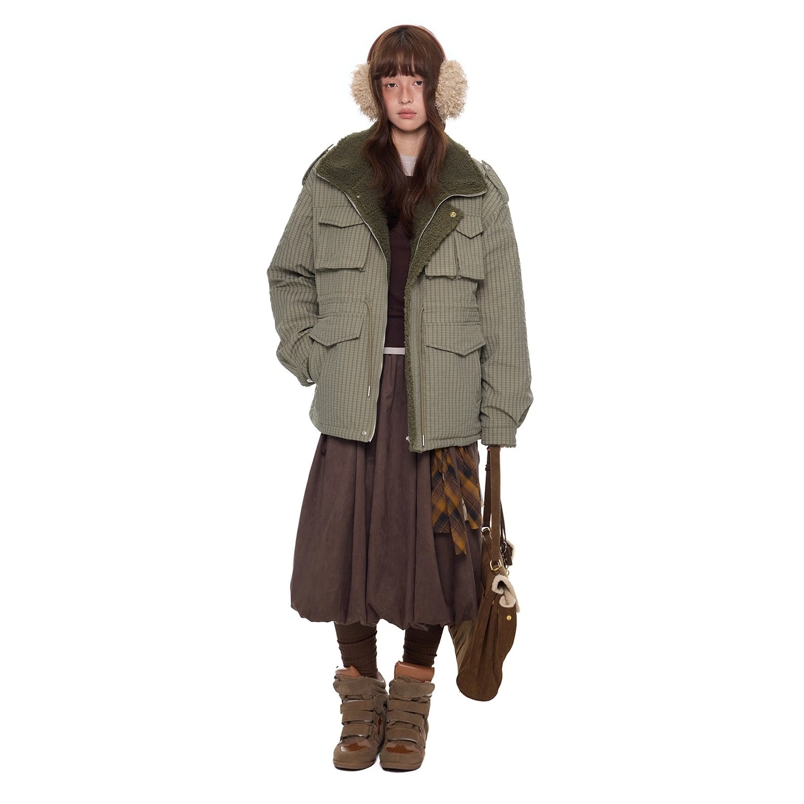 Fluffy Plaid Cargo Pocket Padded Jacket EZ284