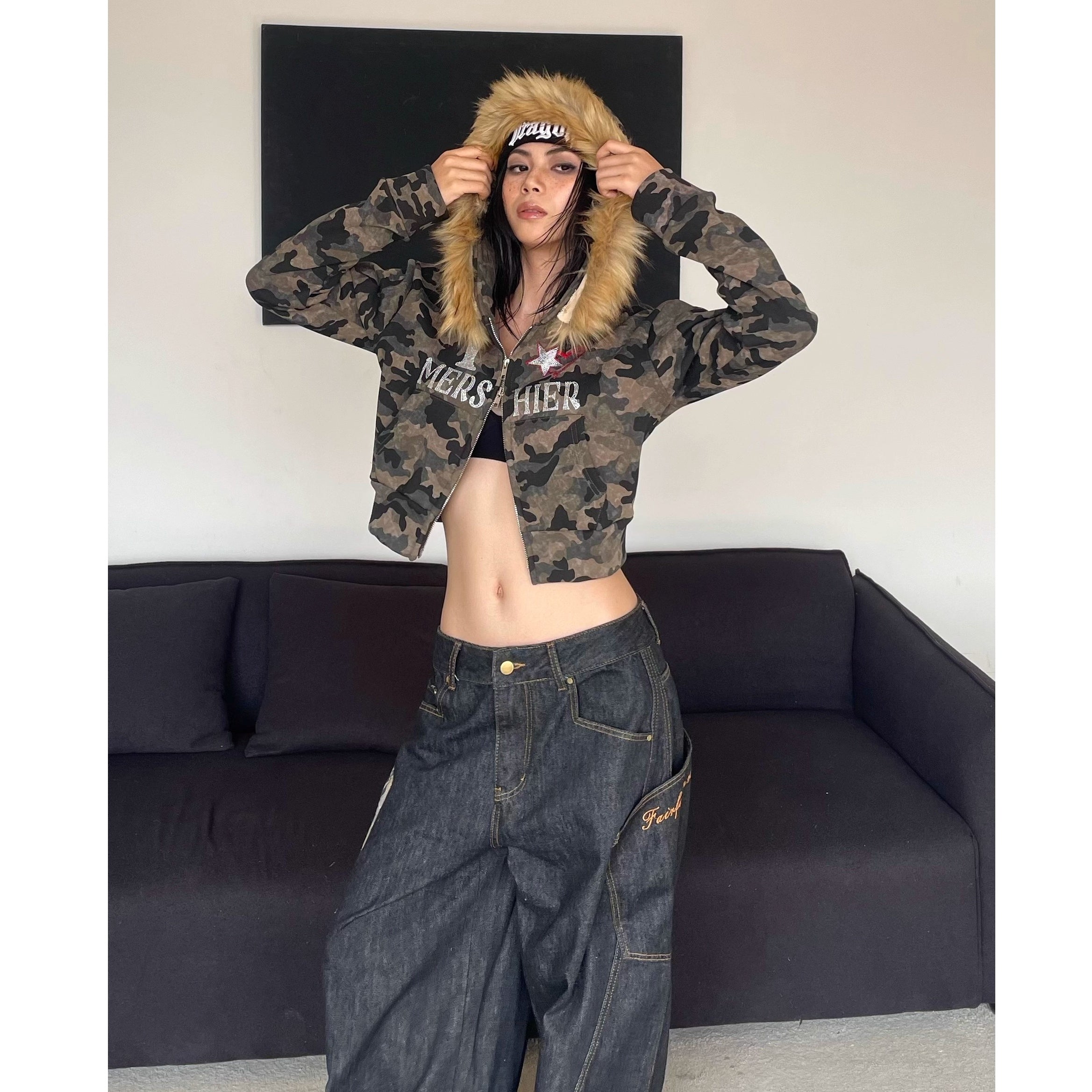 Fur Collar Camouflage Rhinestone Cropped Hoodie Parka MW10302