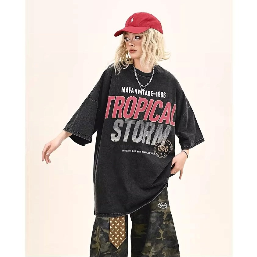 Washed Letter Print Over Size T-shirt MW10372