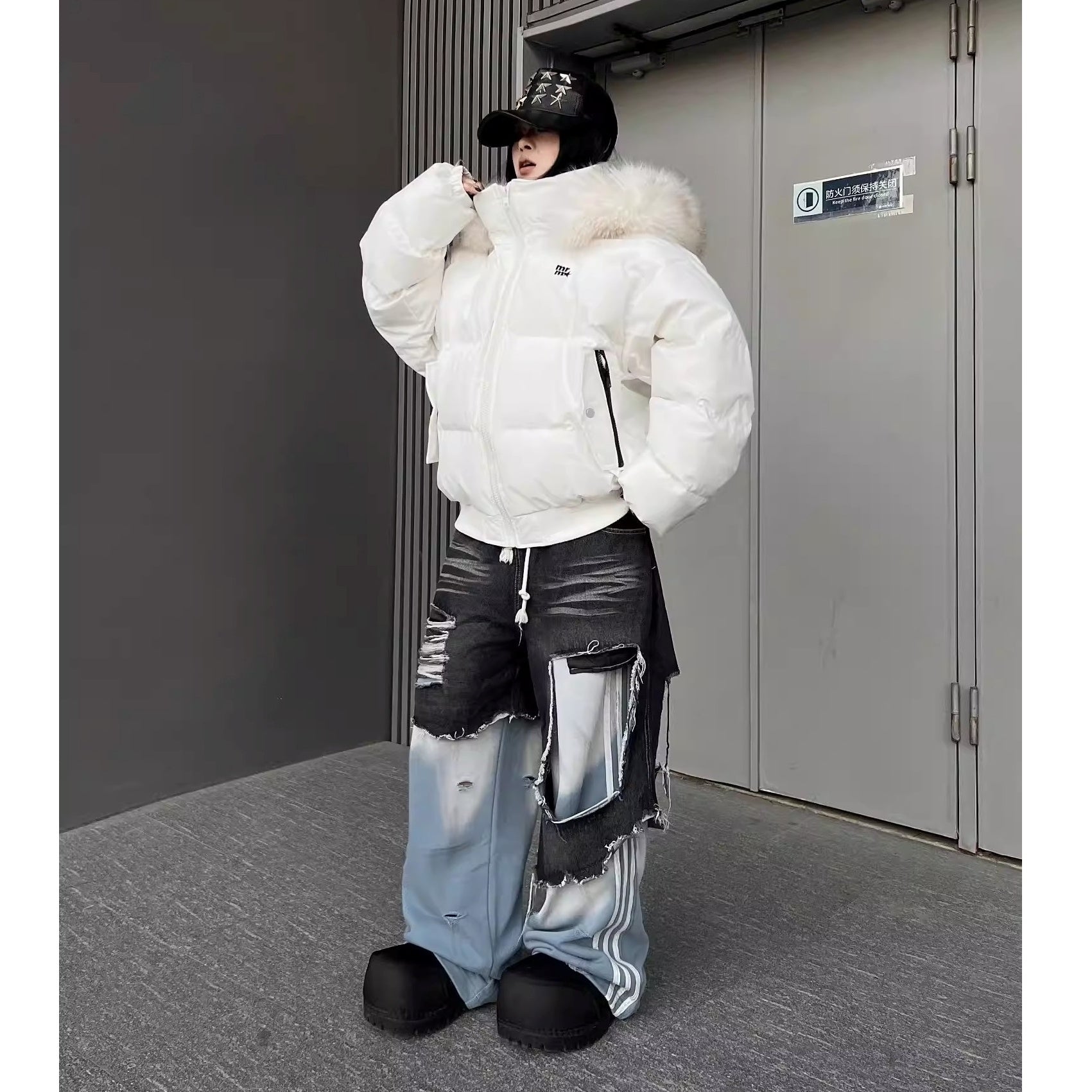 Fake Two Pieces Punk Denim Patchwork Flare Pants MW10338