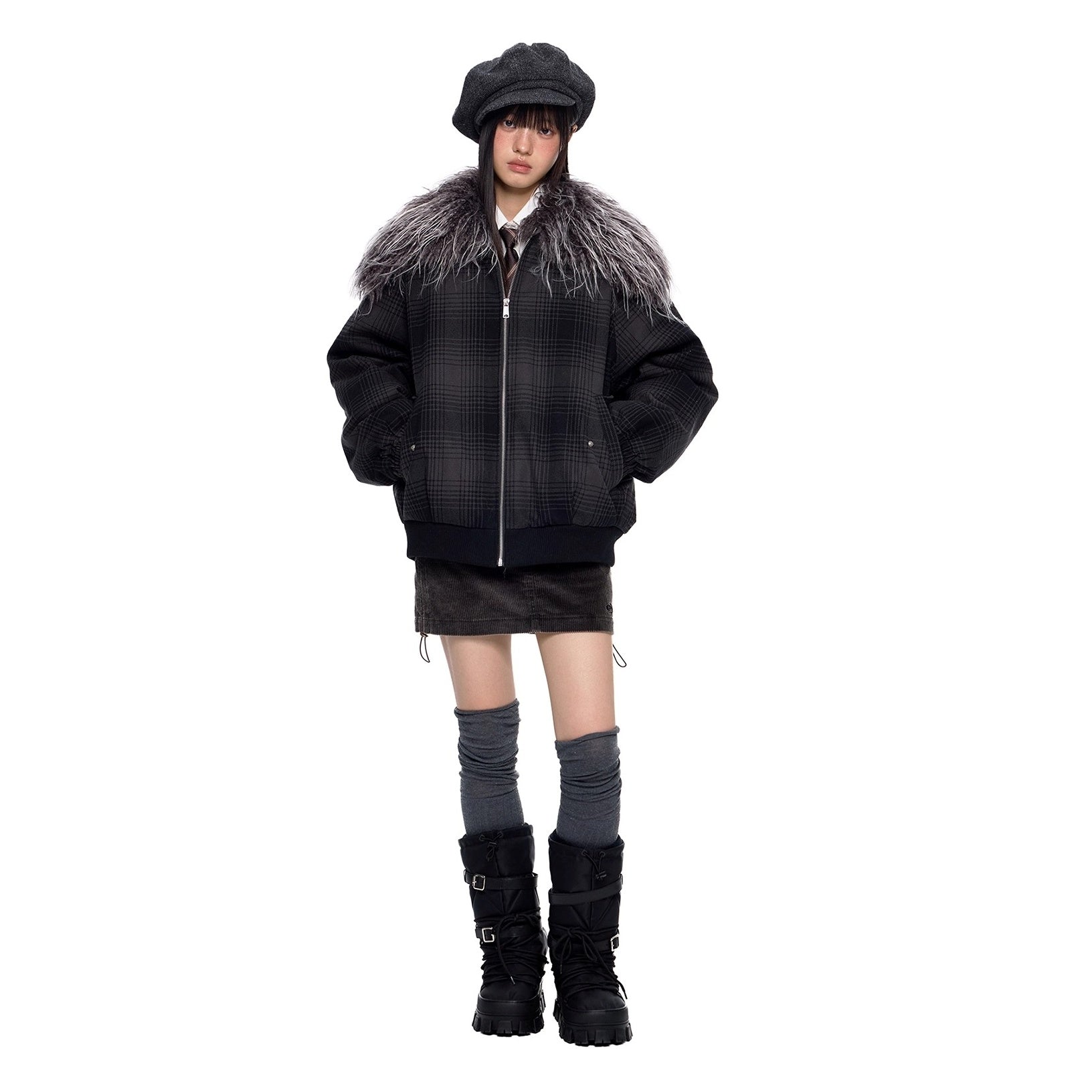 Fur Collar Shawl Plaid Jacket EZ249