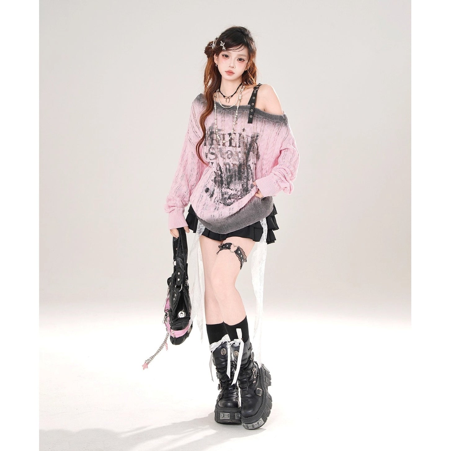 Slanted Shoulder Cut-out Sweater KK2077