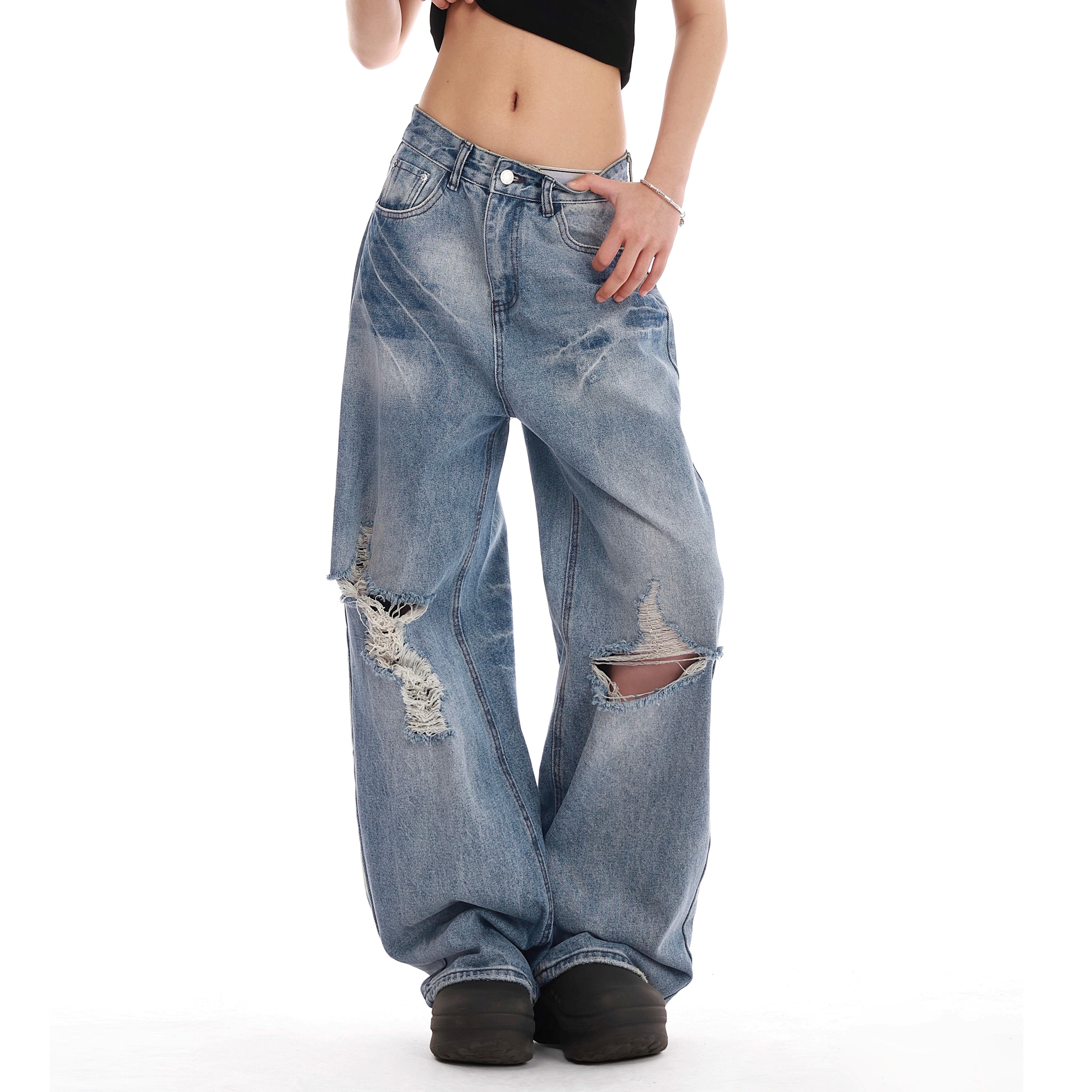 Retro Washed Embroidered Ripped Wide Jeans VI2007