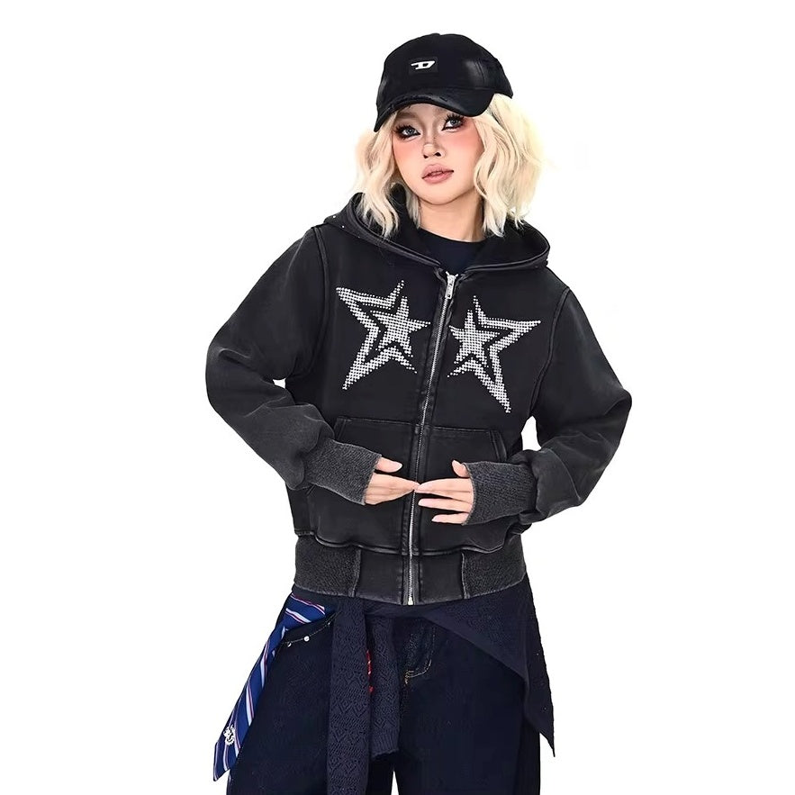 Rhinestone Star Decoration Hooded Parka MW10387