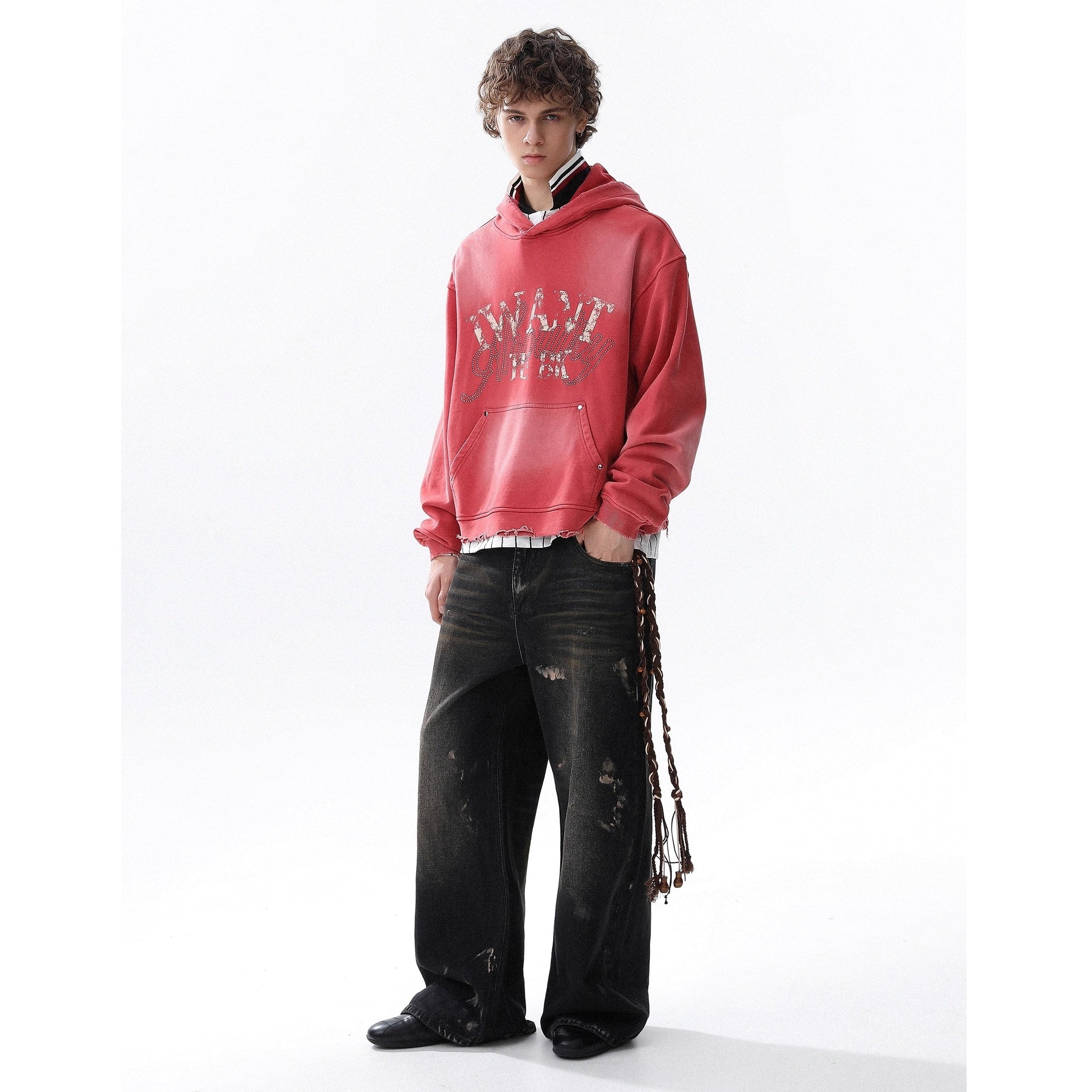 RhineStone Letter Print Damage Hoodie MR8025