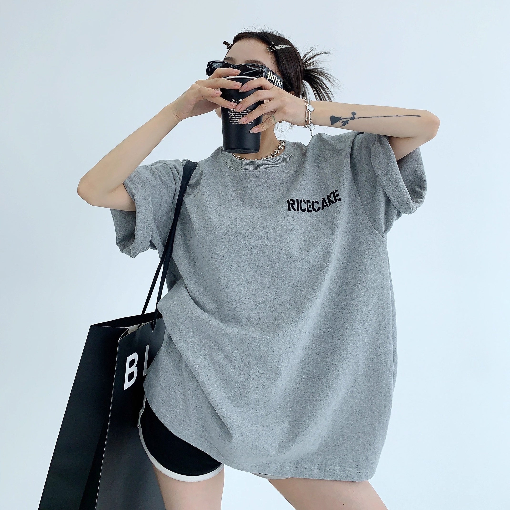 Simple Flocking Print Loose T-shirt OS2006