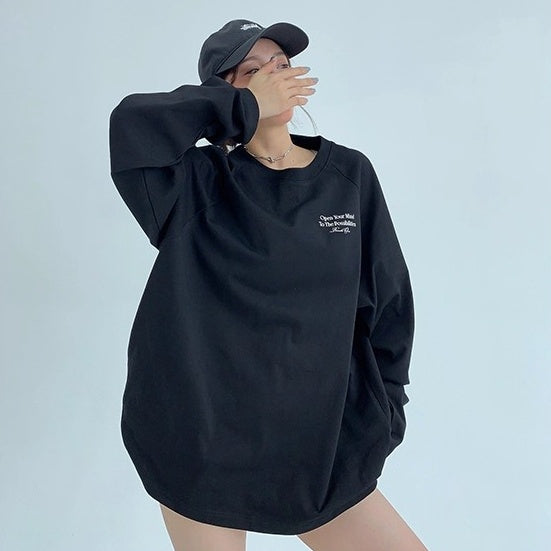 Relaxation Lazy Letter Print Long-sleeved T-shirt OS2036