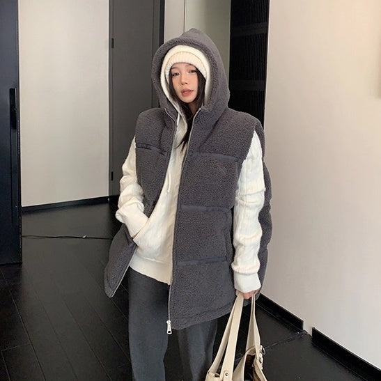 Loose Hooded Boa Padded Vest OS2073