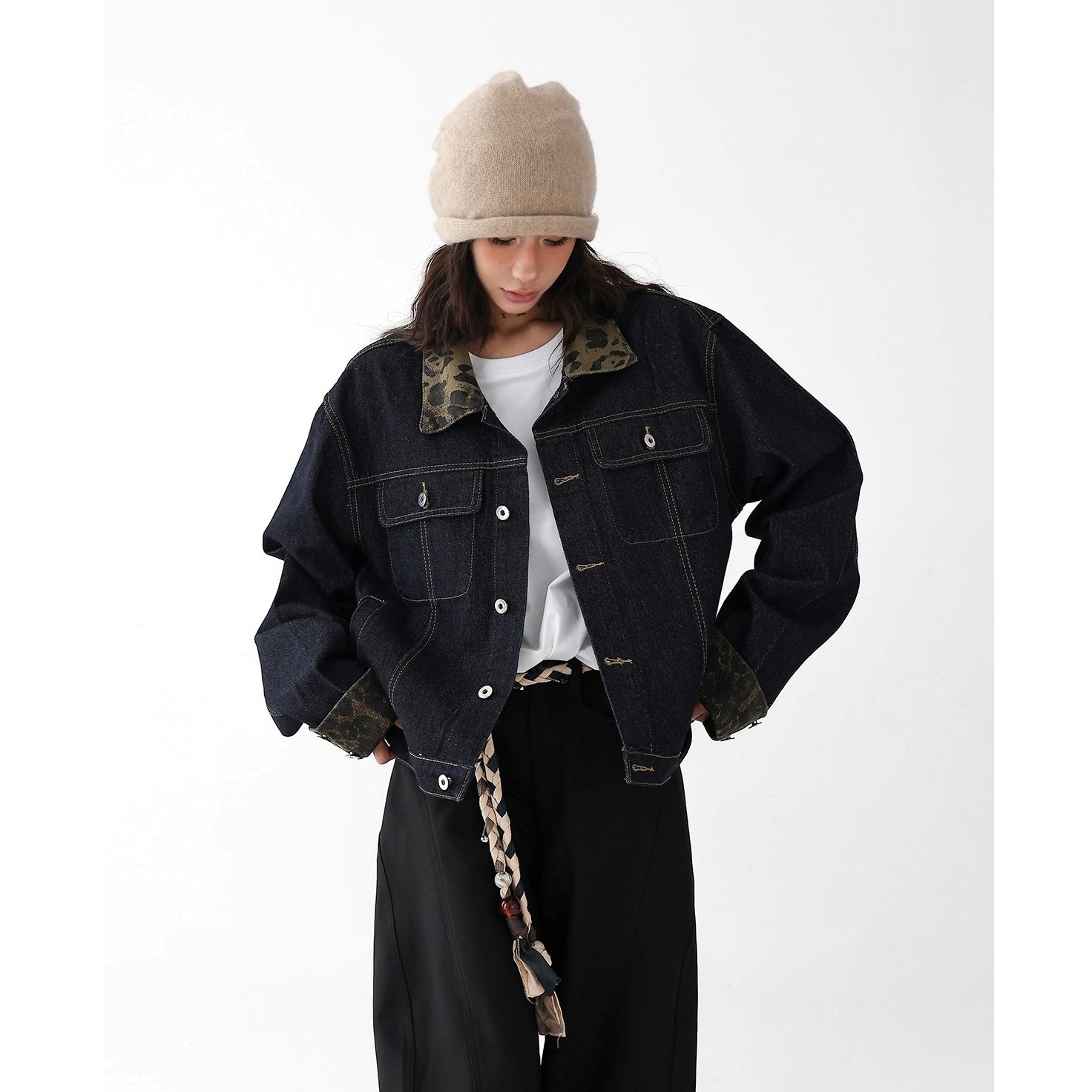Leopard Collar Stitched Denim Jacket AC7154