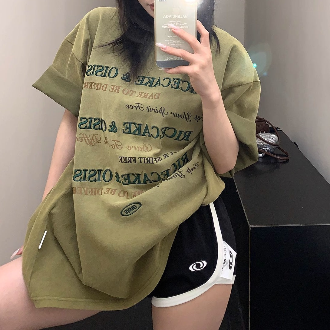 Old Letter Embroidery Loose Washed T-shirt OS2010