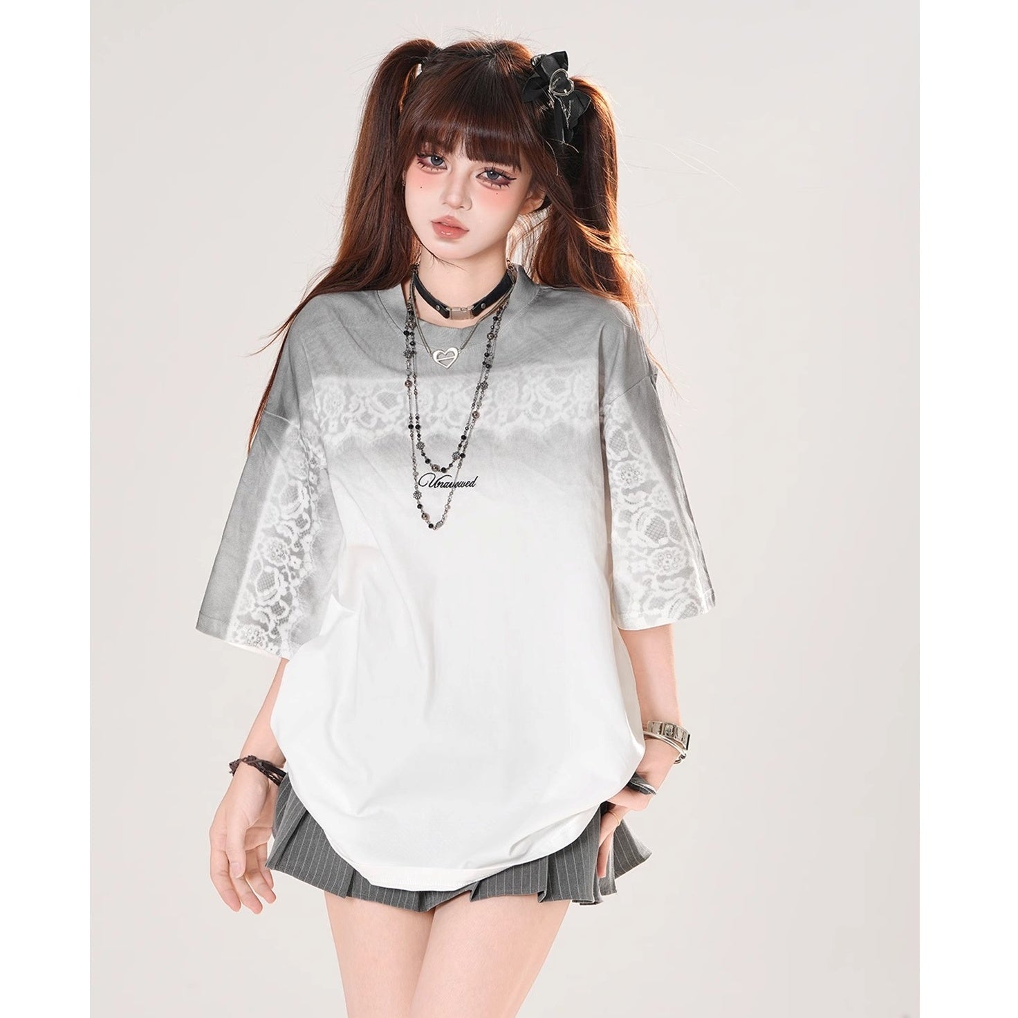 Lace Print Gradation Loose T-shirt KK2071