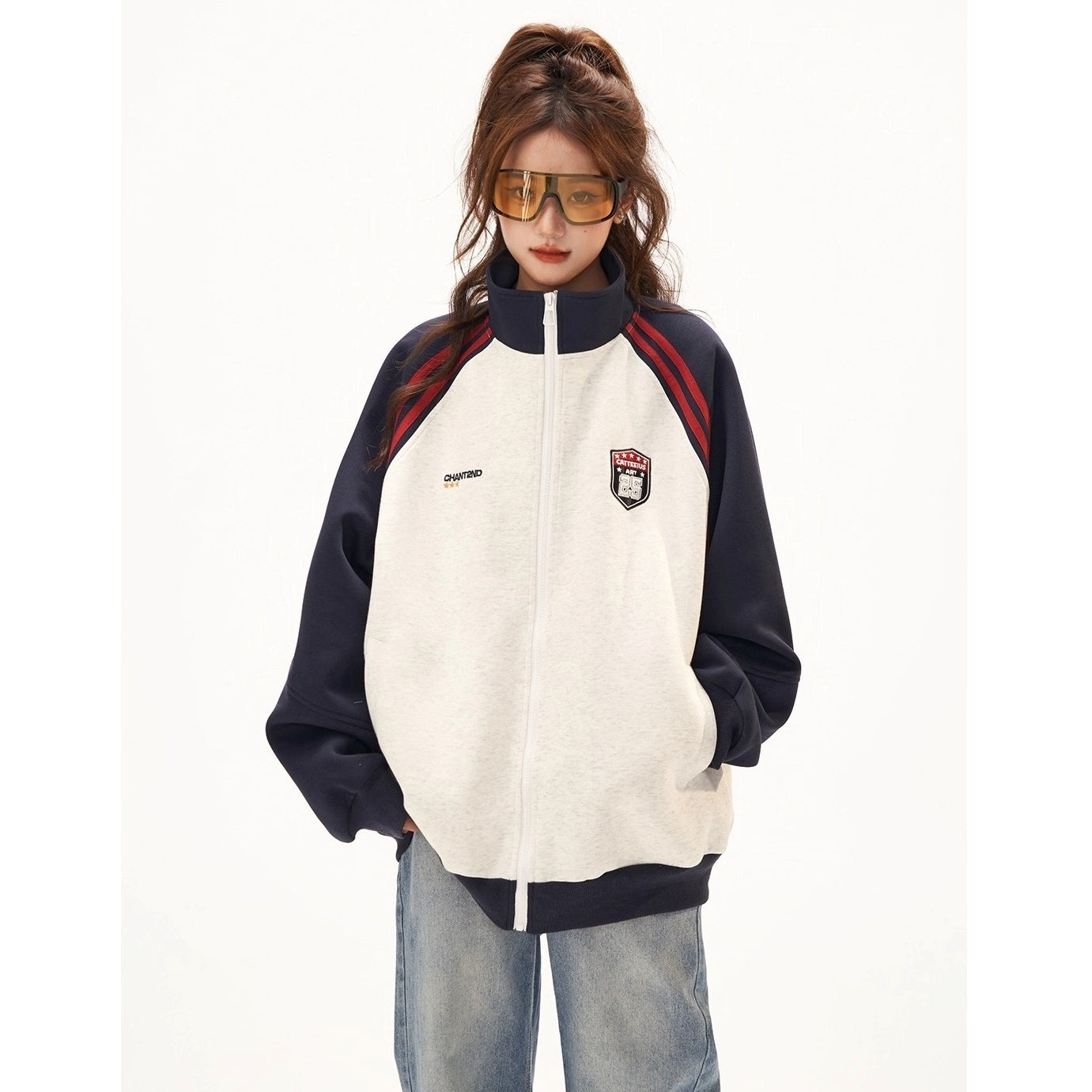 Stand-Collar Raglan Color-blocked Sweat Jacket CA7010