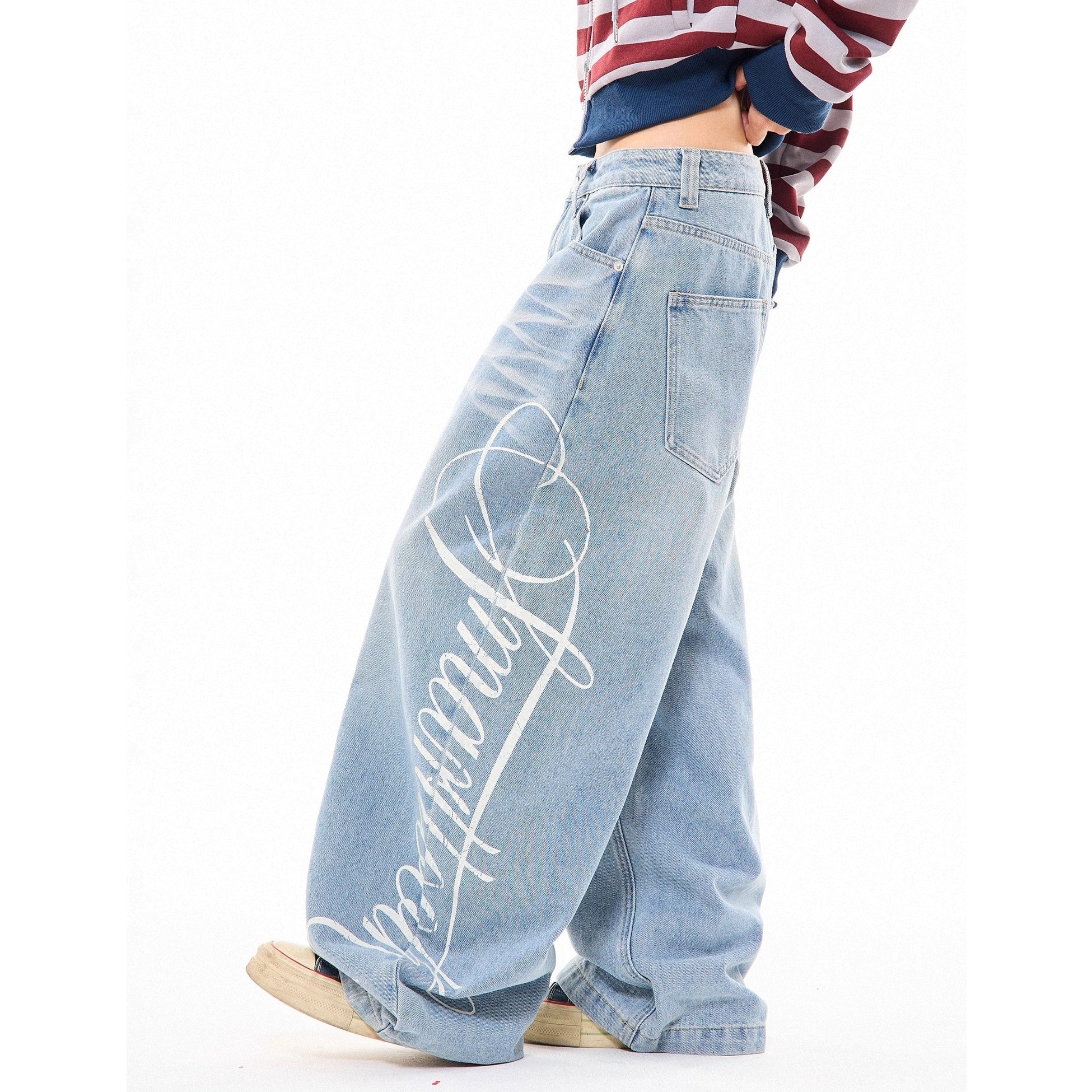 Side Print Washed Cat Whiskers Curve Jeans MW10259