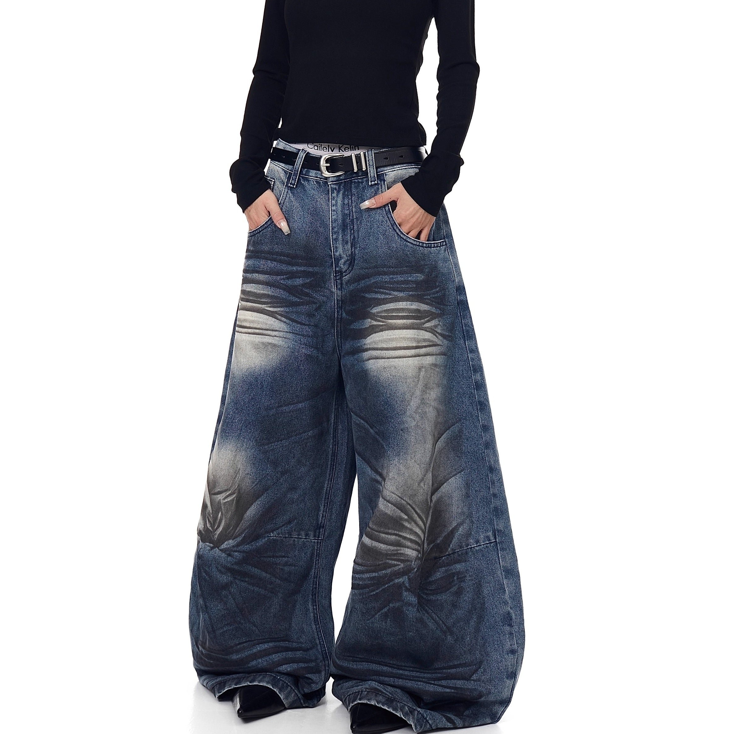 Washed Cat Whisker Printed Scimitar Jeans BK7029