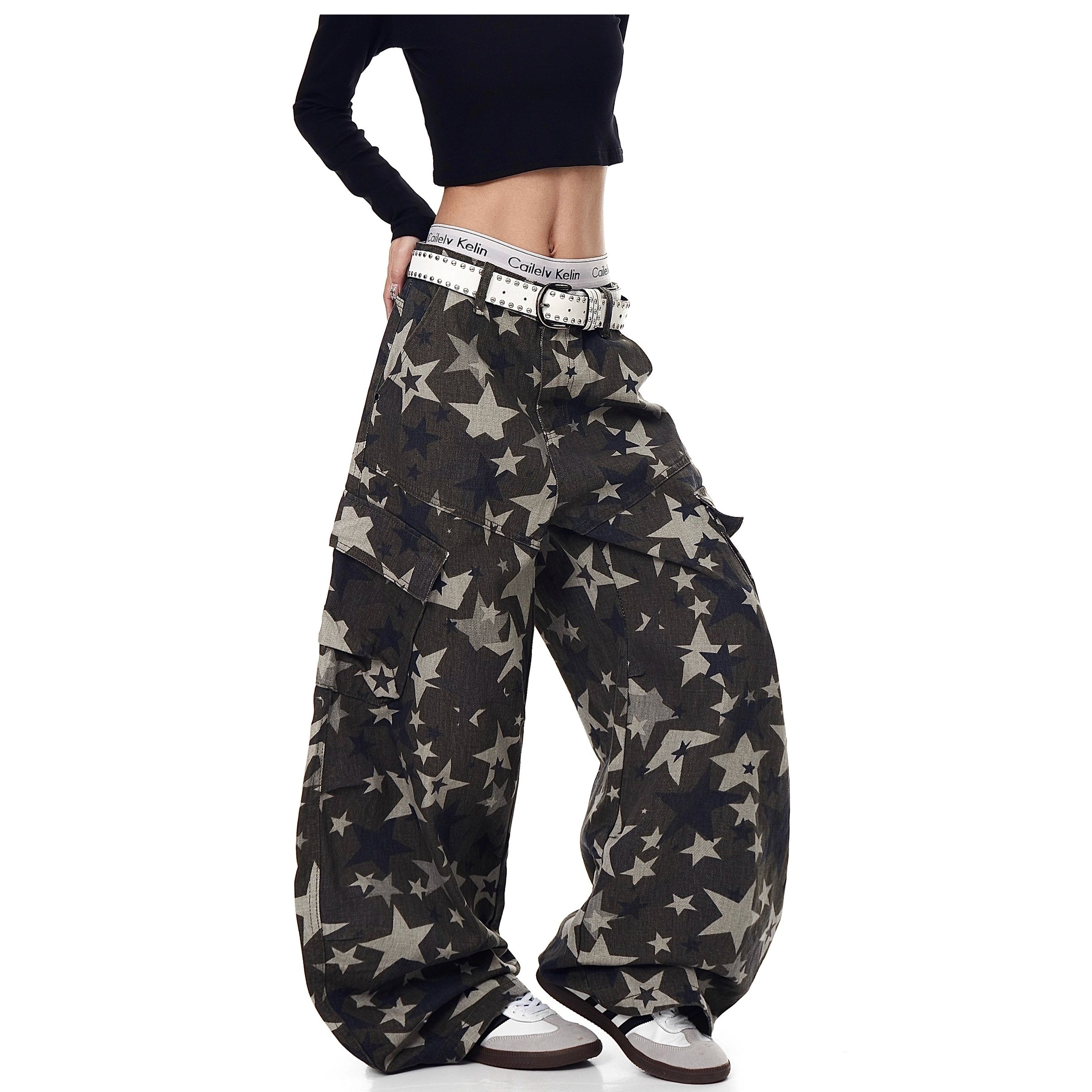 Star Camouflage Wide-Leg Cargo Curve Pants MW10274