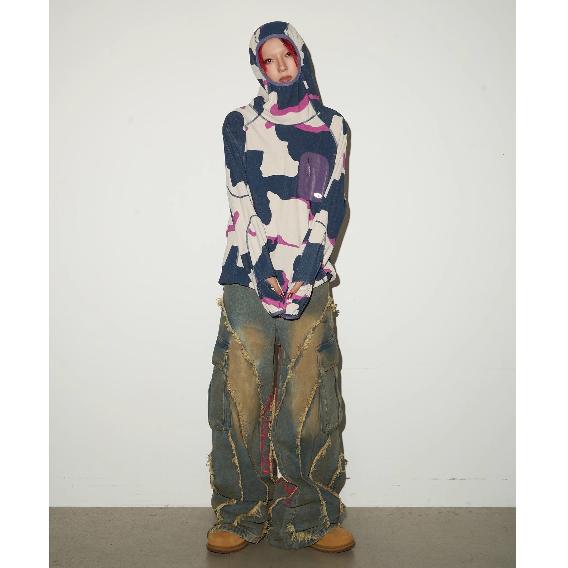 Pigment Print Raw Edge Wide Cargo Jeans MN9047