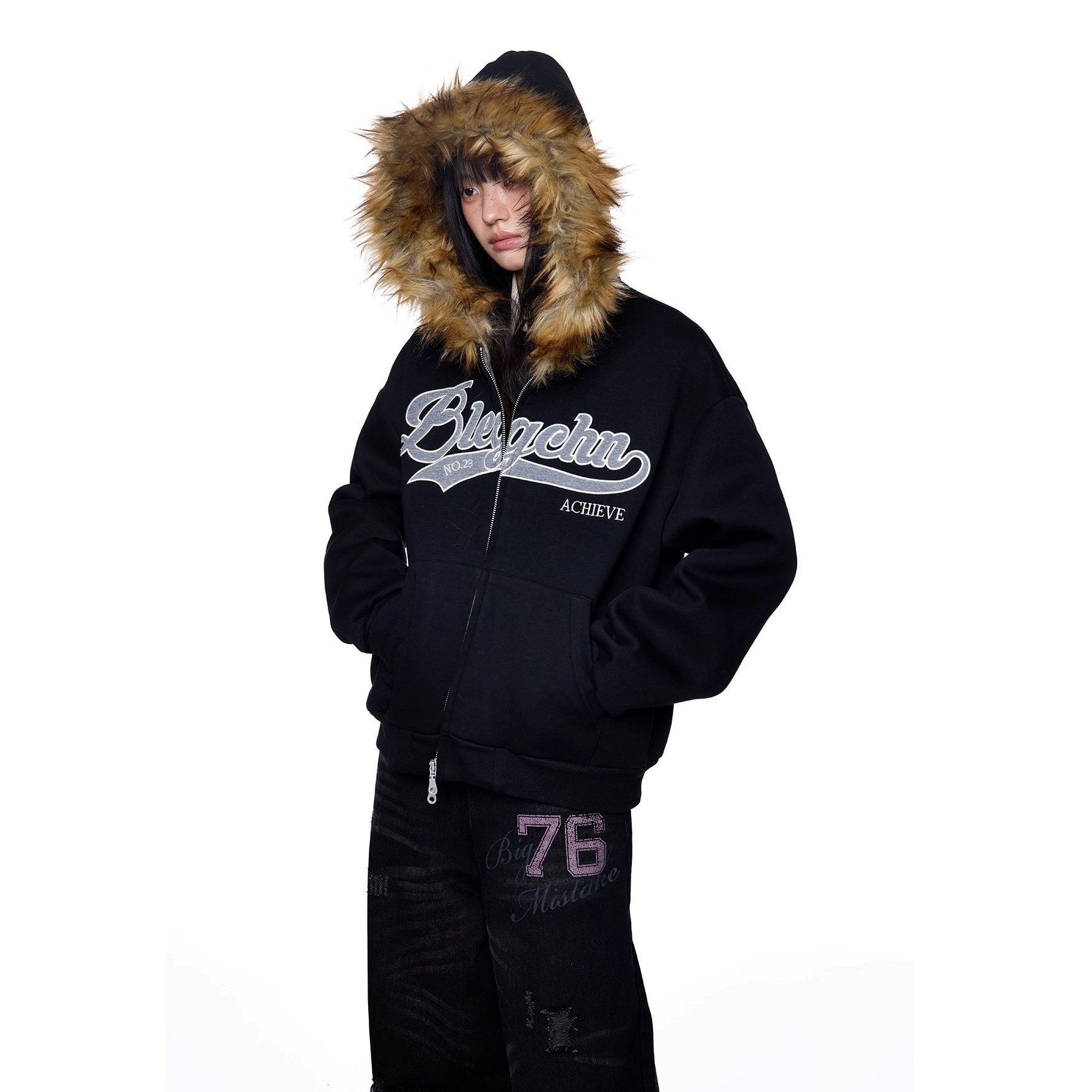 Monogram Embroidered Fur Collar Hooded Sweat Jacket EZ262