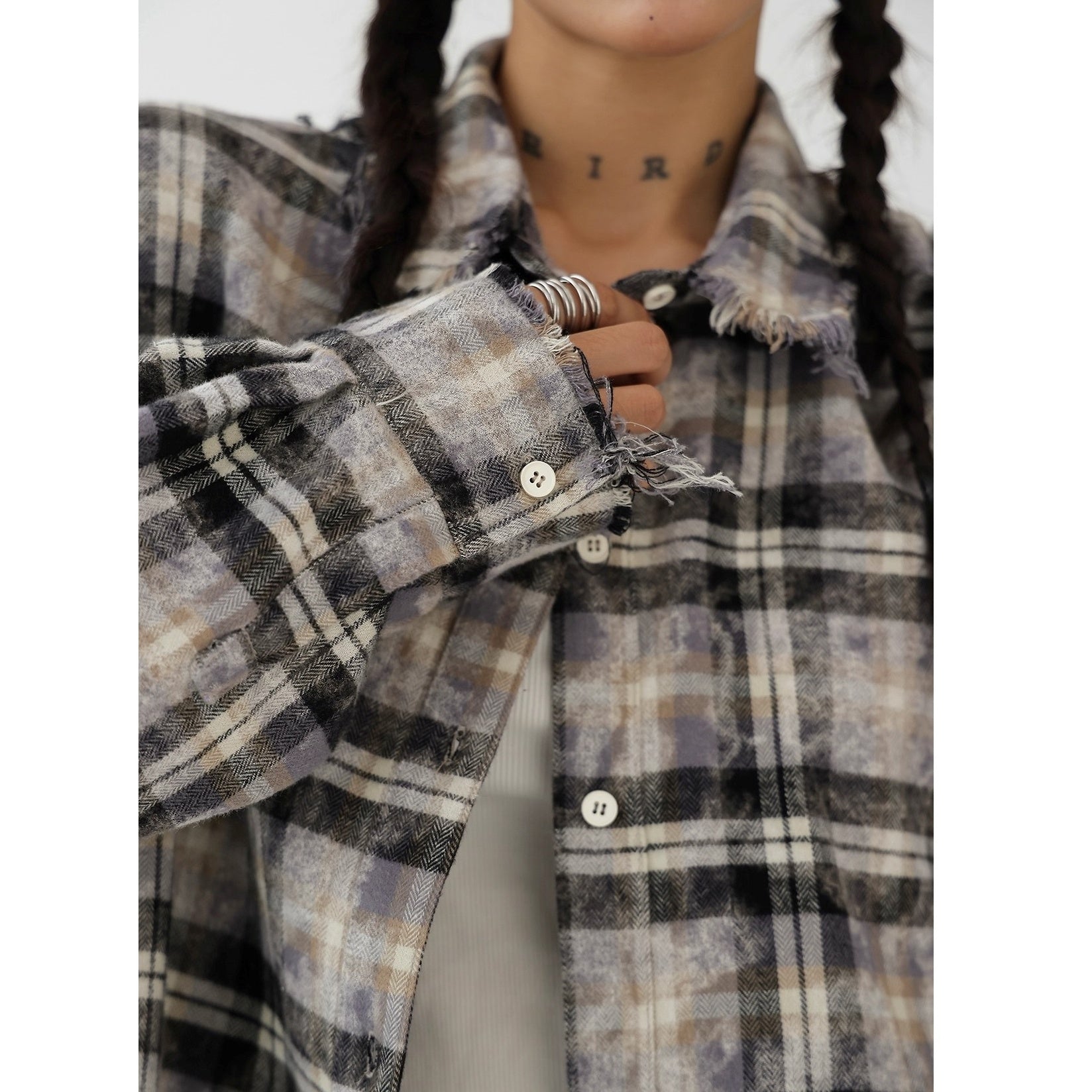 Plaid Frayed Brushed Loose Fringe Shirt AC7151