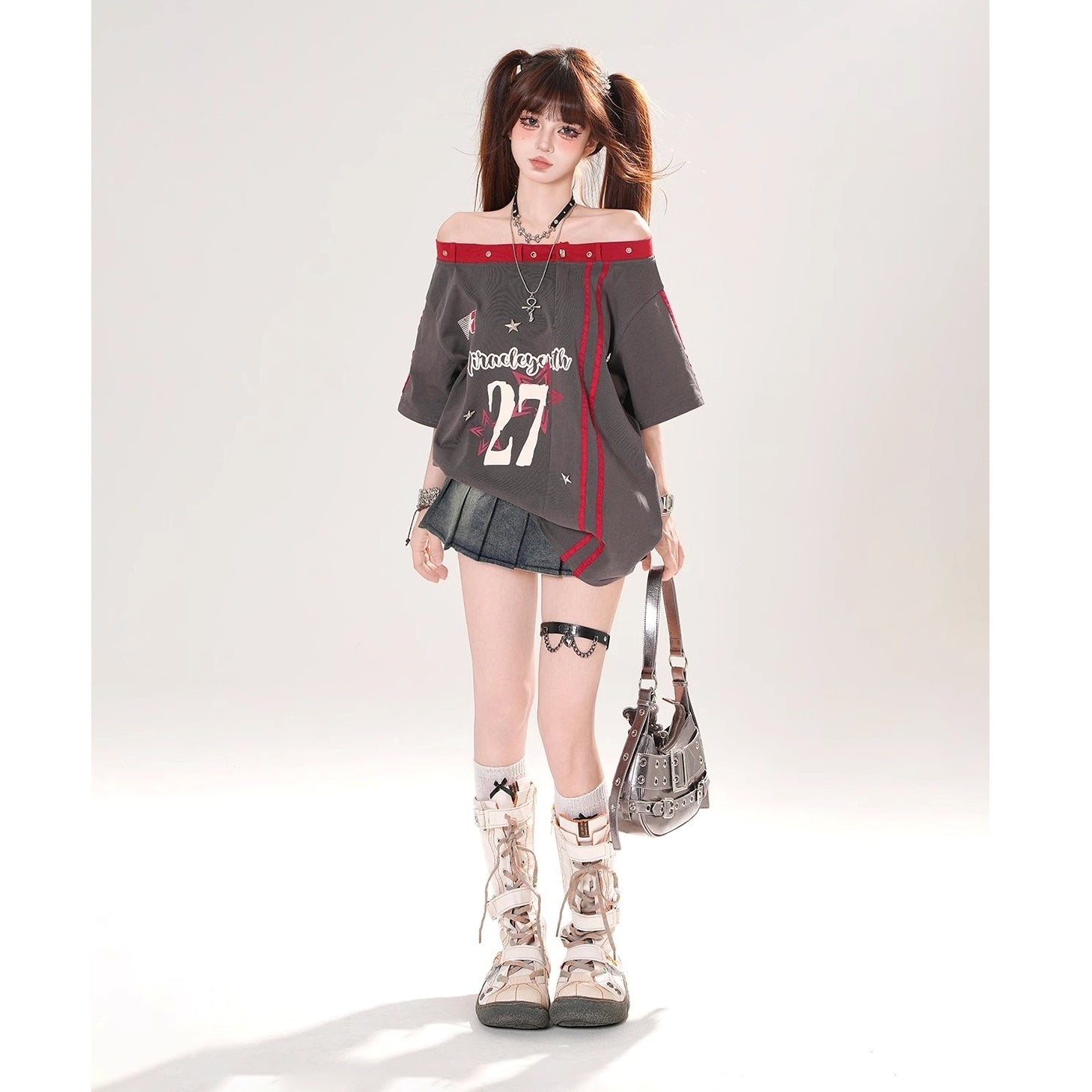 Off-Shoulder American Print T-Shirt KK2069