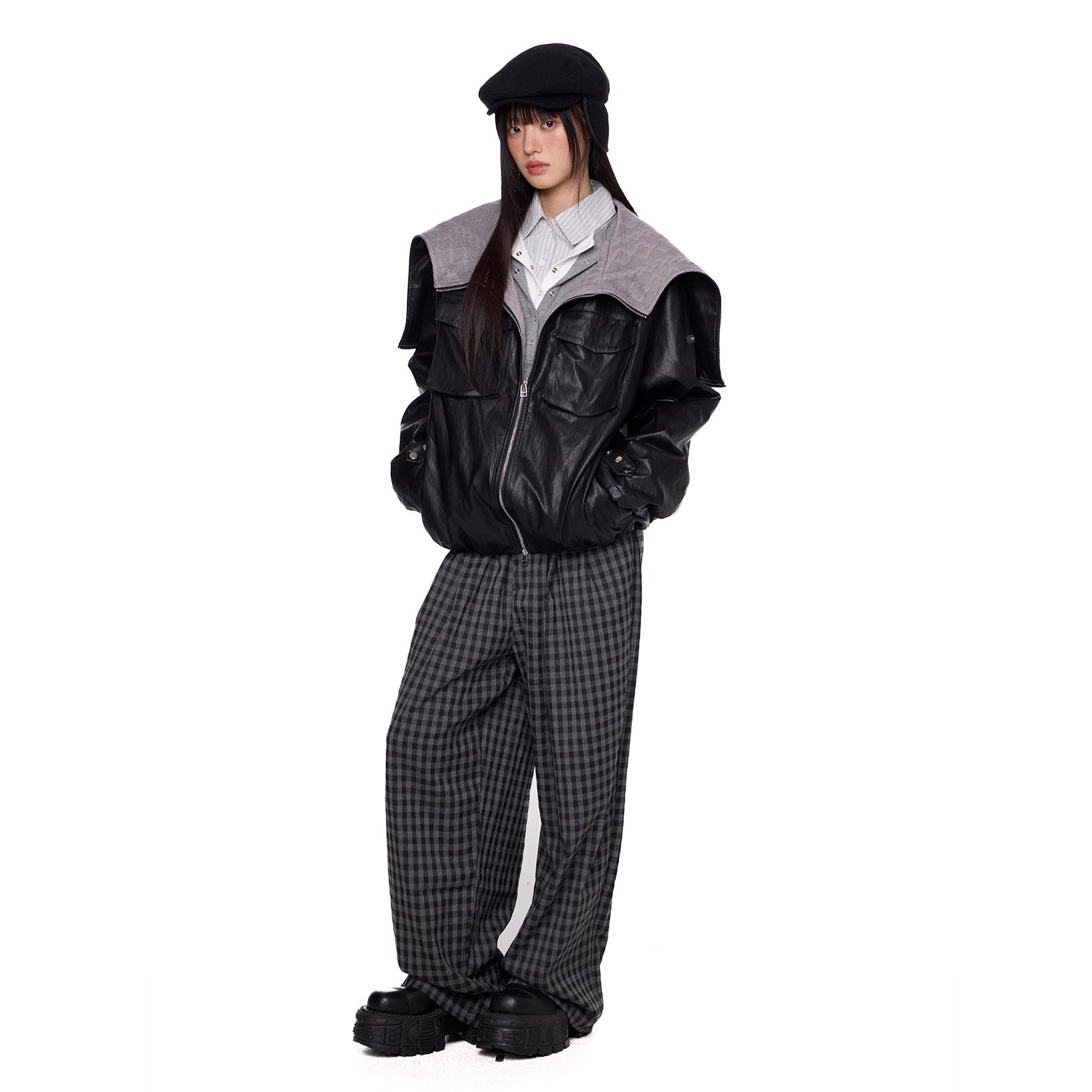 Zipper Split Hood PU Leather Jacket EZ261