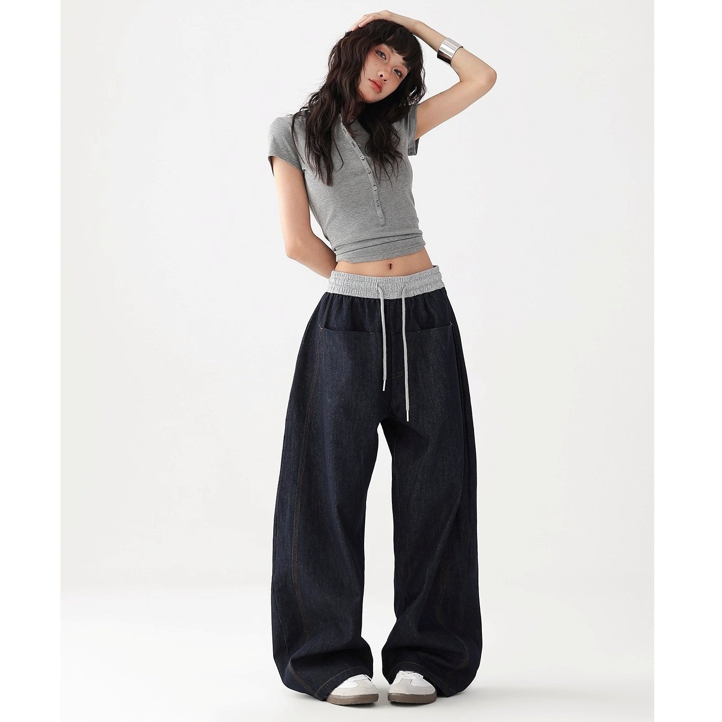 Panelled Elasticated Waistband Loose Curve Jeans AC7121
